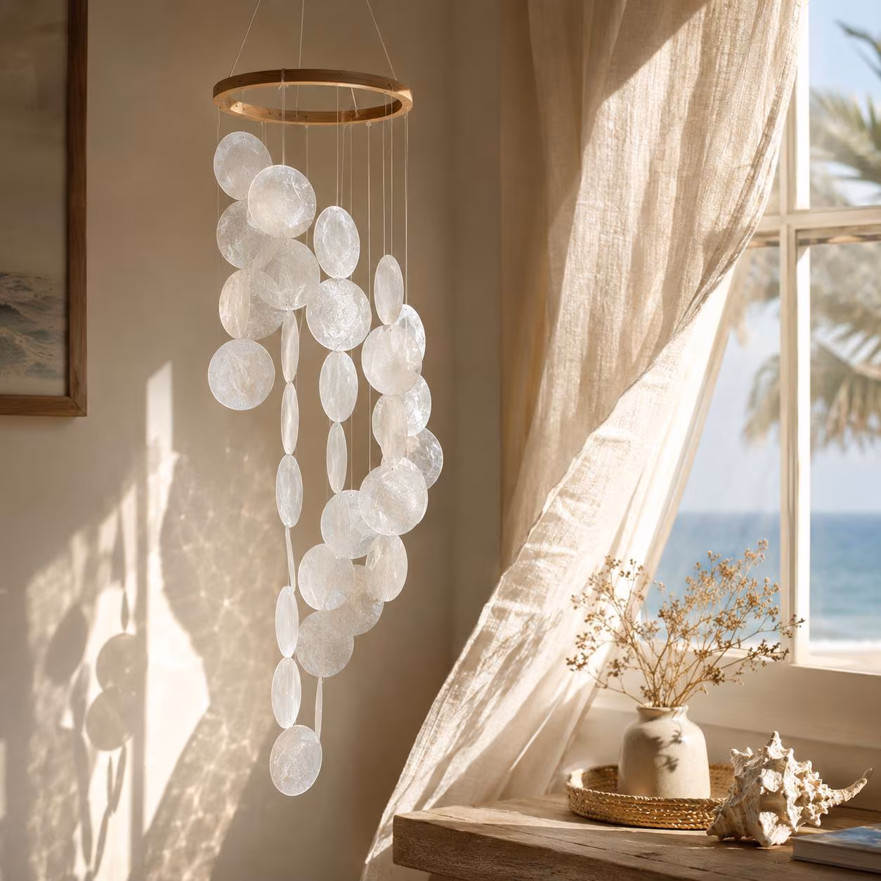 Handmade Capiz Shell Wind Chime, Boho Coastal Hanging Mobile for Nursery, Relaxing Sound, Macrame Decor, Gift for Mom, Beach House