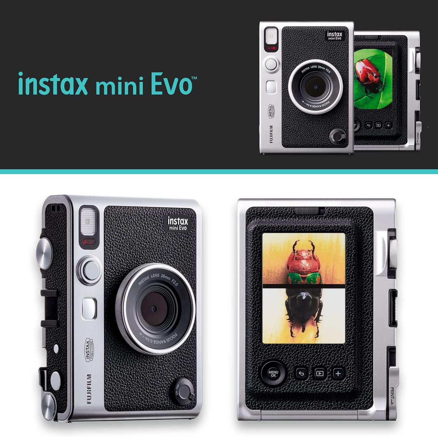 Fujifilm Instax Mini EVO Hybrid Black Instant Camera | Instax Mini Twin Pack Instant Film | 32GB microSD Card with Adapter | Black Camera Case