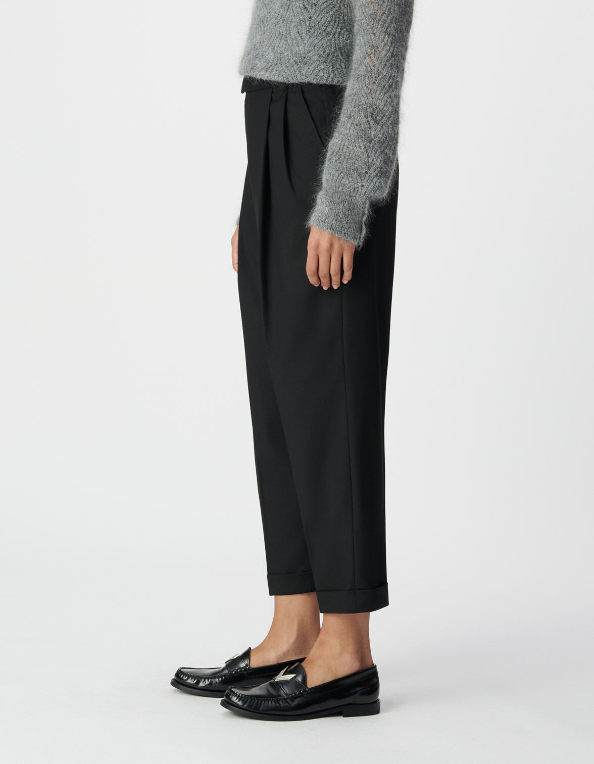 Pantalon noir cropped à revers Femme