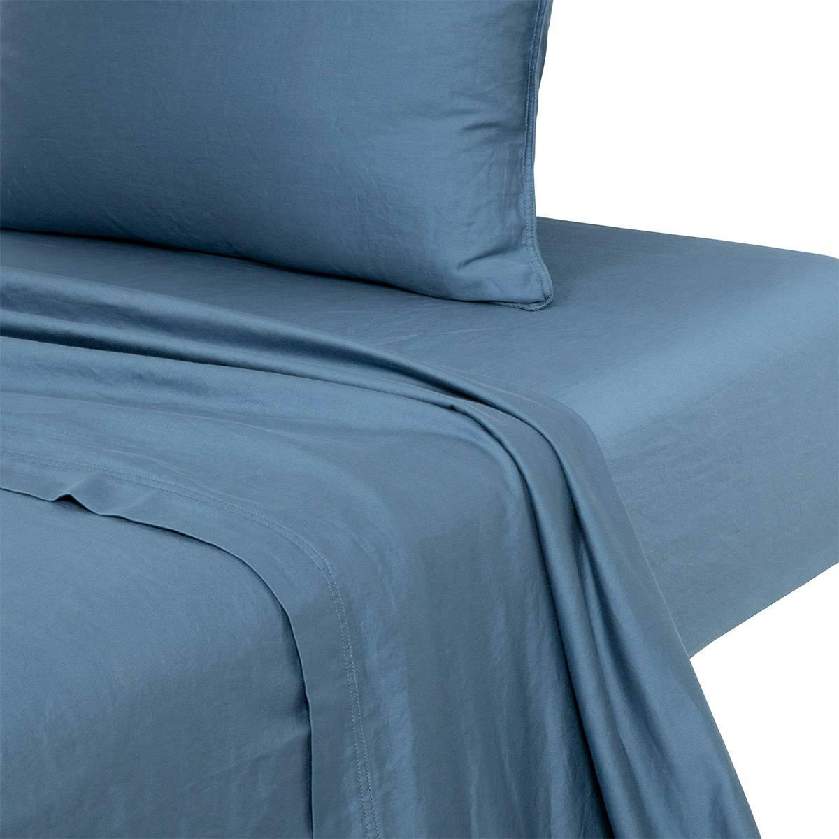 PALERME - Drap plat en satin de coton lavé bleu 180 x 290 cm