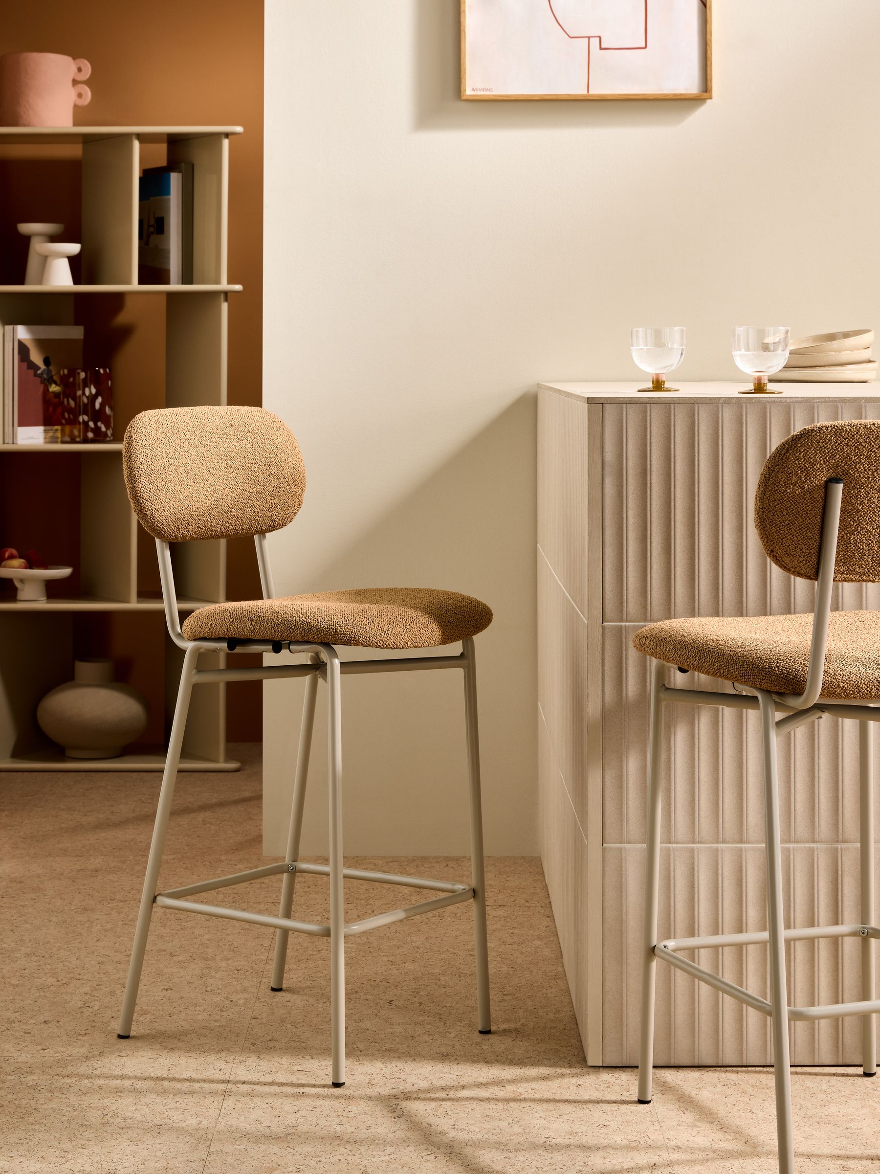 Clemmie Bar Stool in Caramel Pax Boucle and Ecru Legs