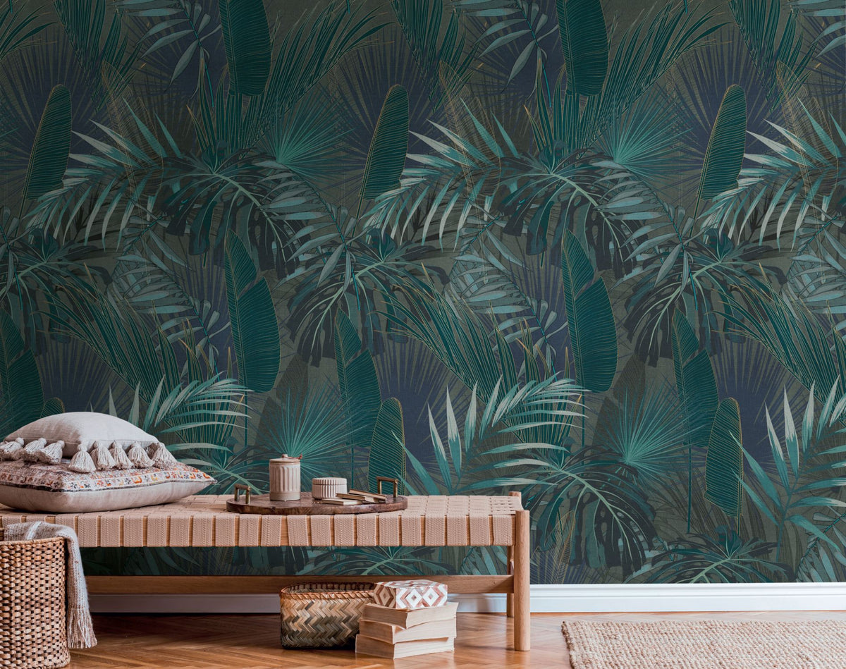 Livingwalls fotobehang jungle-motief petrolblauw, blauw en groen - 159 x 280 cm - AS-391803