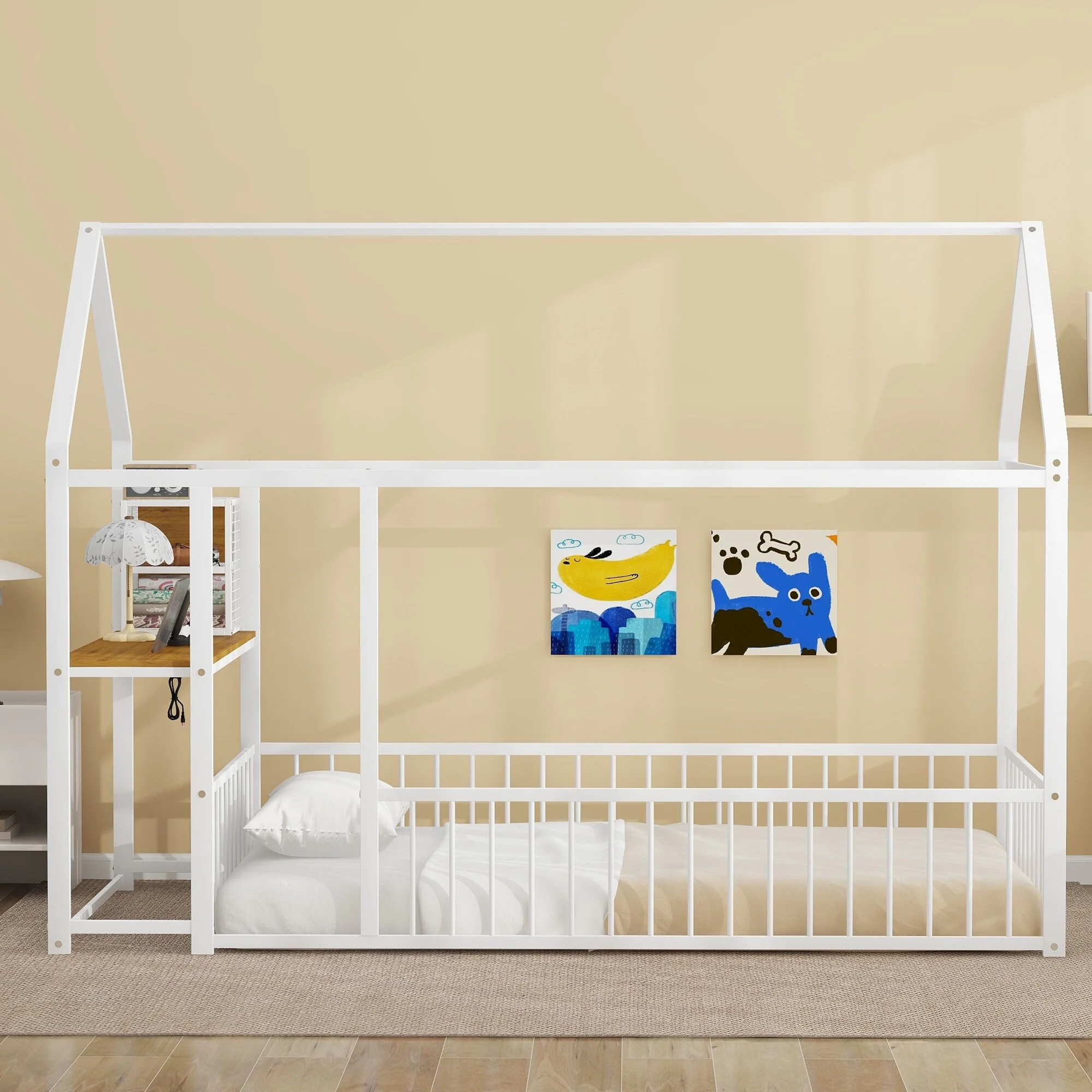 Twin Metal House Bed Frame with Built-in Desk Shelves Power Outlets and USB Ports for Kids Teens