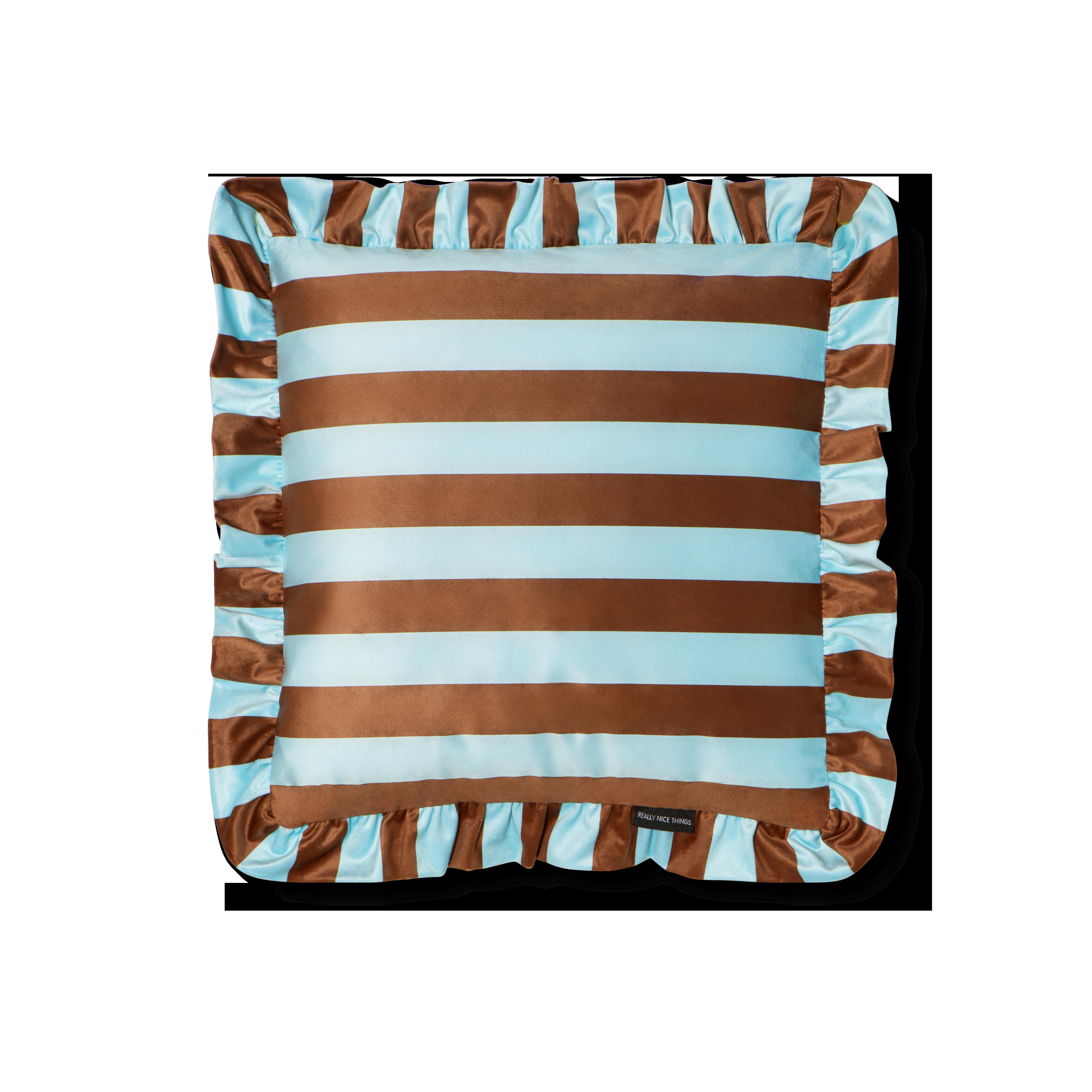 RUFFLE - Coussin en velours avec volant plissé, marron et bleu
