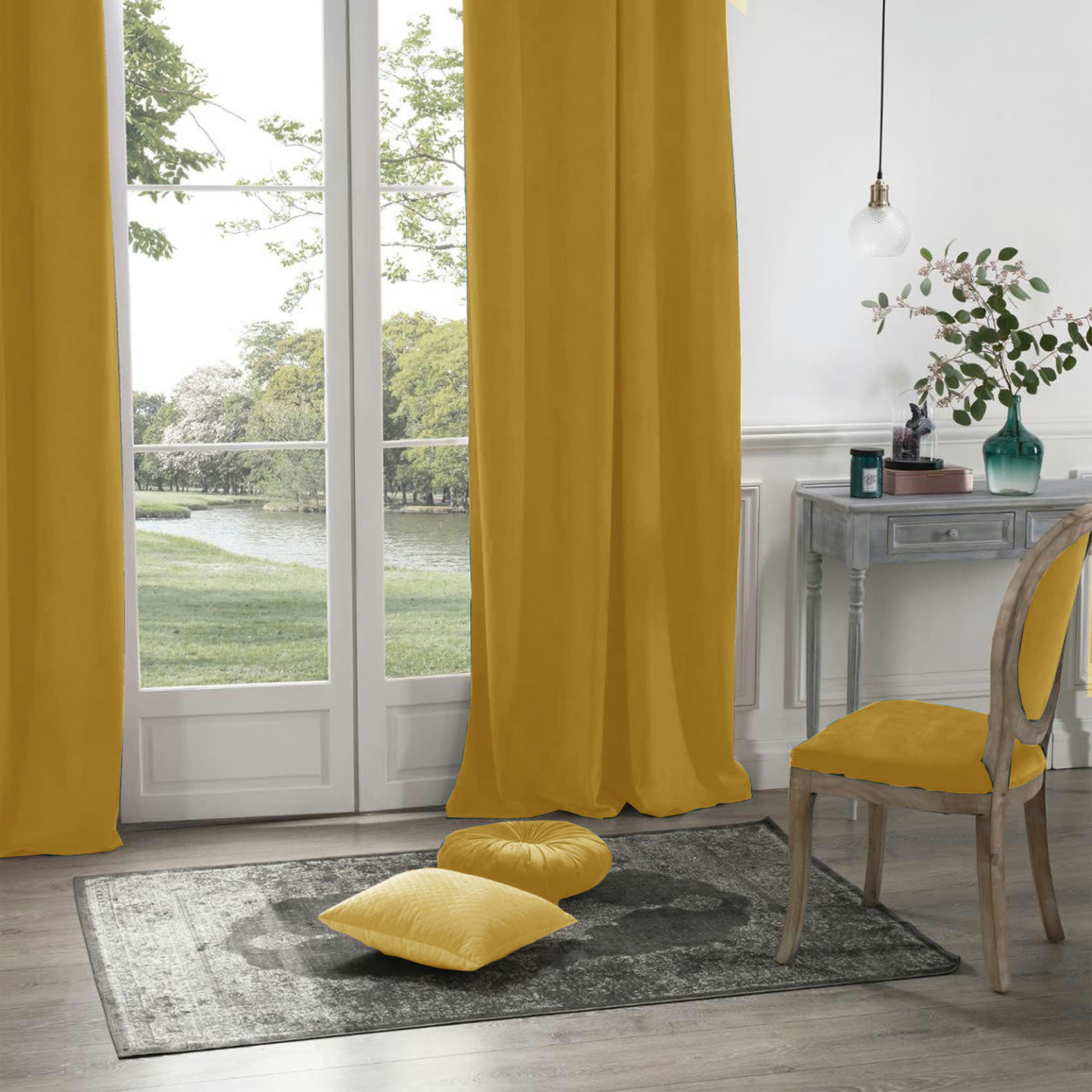 - Rideau en velours occultant polyester jaune ocre 140x260 cm
