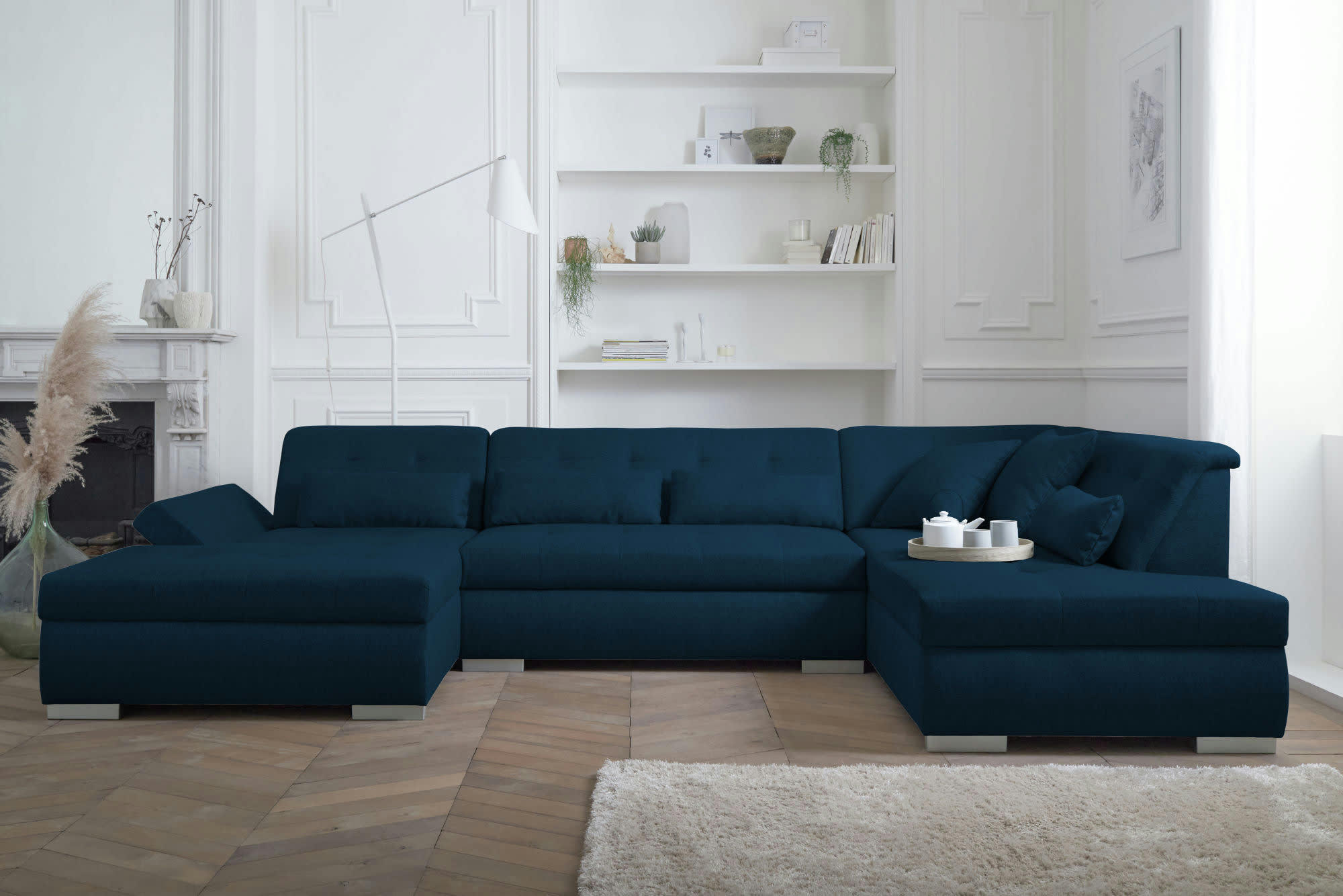 VERMONT - Canapé panoramique 7 places angle droit en tissu bleu pétrole