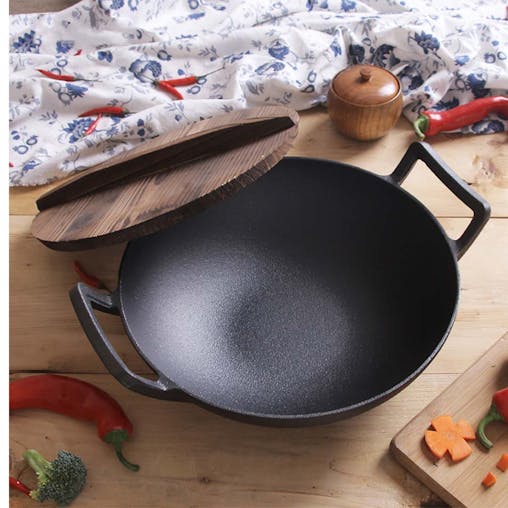 SOGA 32cm Commercial Cast Iron Wok FryPan Fry Pan with Double Handle