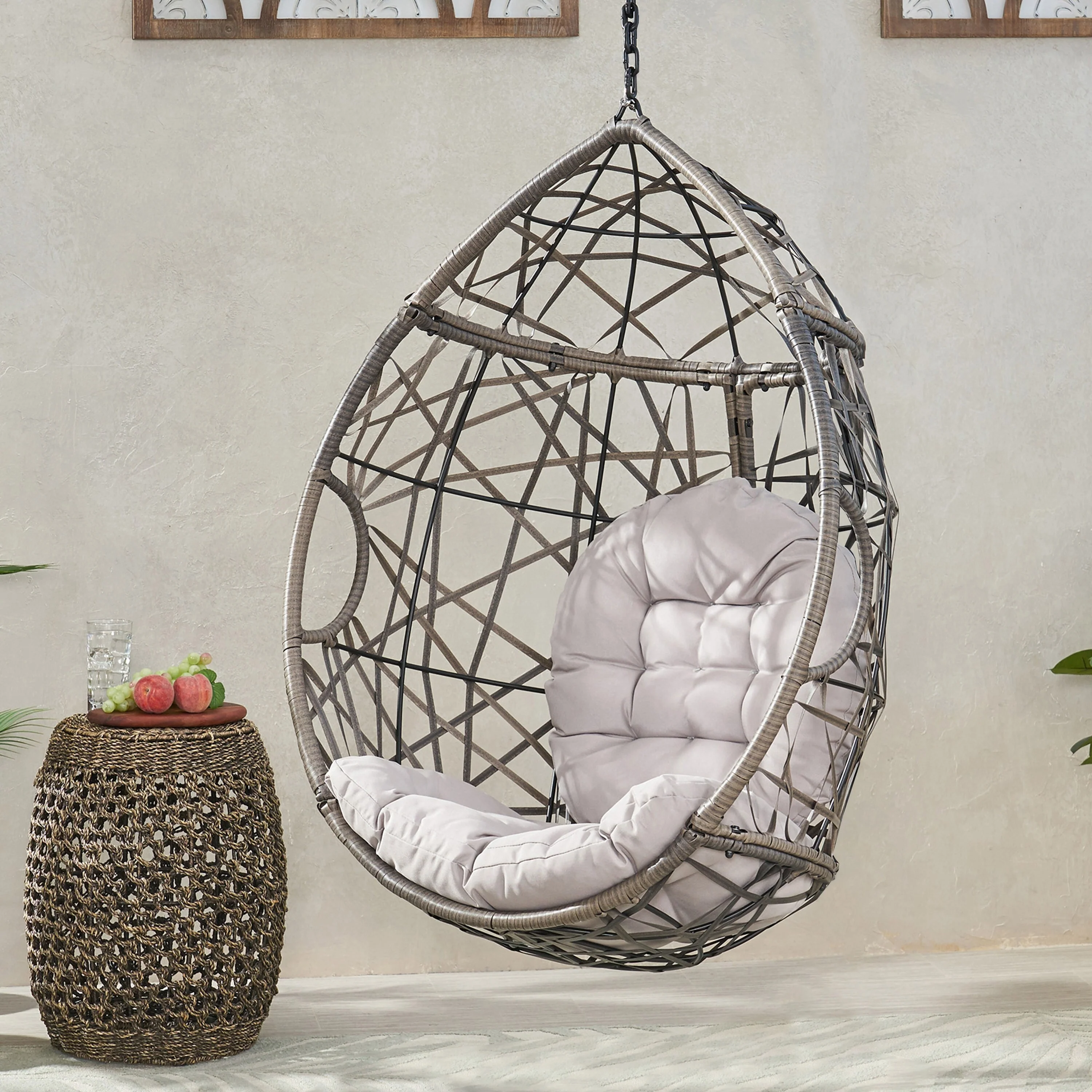 Outdoor Teardrop Hanging Chair with Water-Resistant Cushions, Rattan Wicker Basket Swing Chair Egg Chair