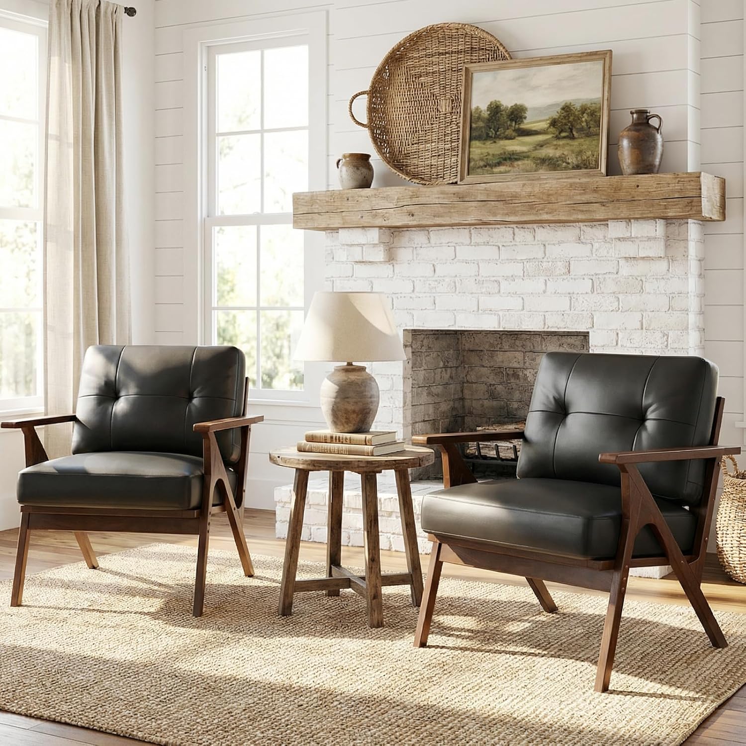 STHOUYN Black Leather Office Accent Chair Set of 2 with Wooden Arms, Comfy Guest Waiting Room Chairs, Mid Century Modern Chair, Side Arm Chairs for Living Room (Black, 2pcs)