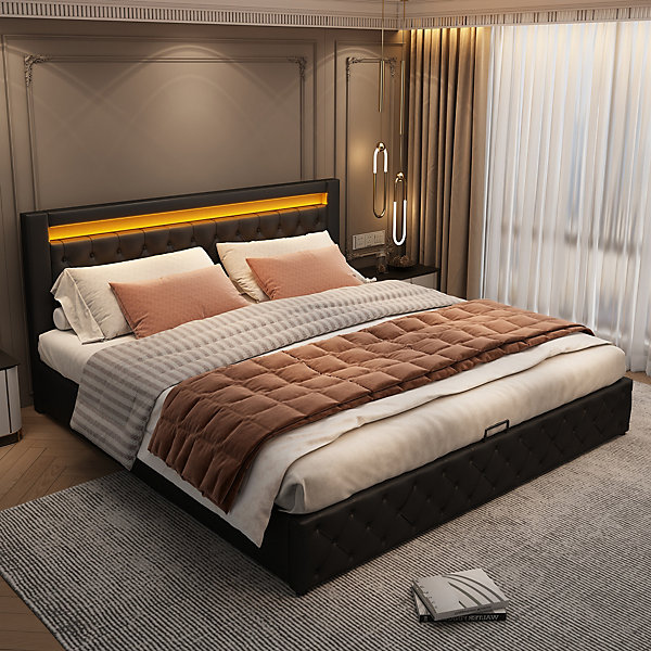 Lit 160x200 cm avec rangement, tête de lit rembourrée et éclairage LED, tapissé PU noir, sommier inclus