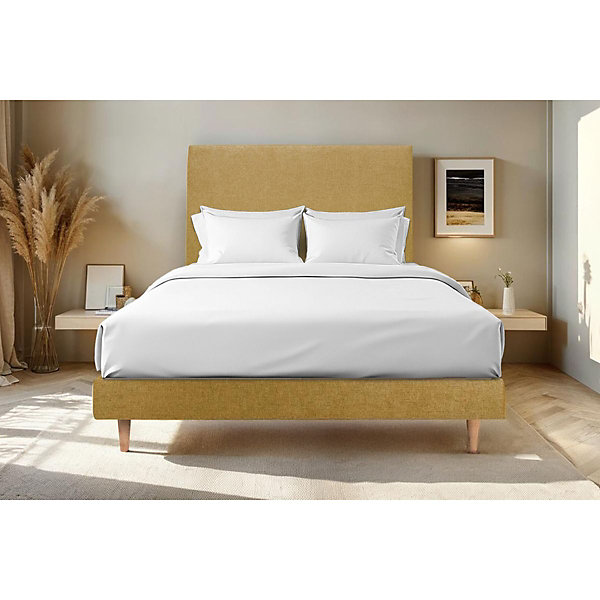 Lit avec tête de lit tapissier tissu et sommier kit- Lit en bois massif