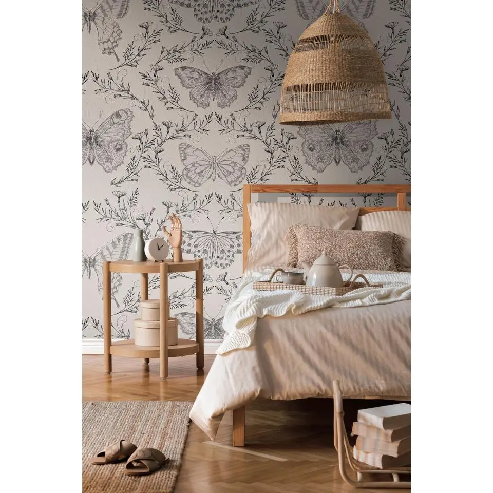 Livingwalls fotobehang vlinders grijs, vergrijsd beige en zwart - 159 x 280 cm
