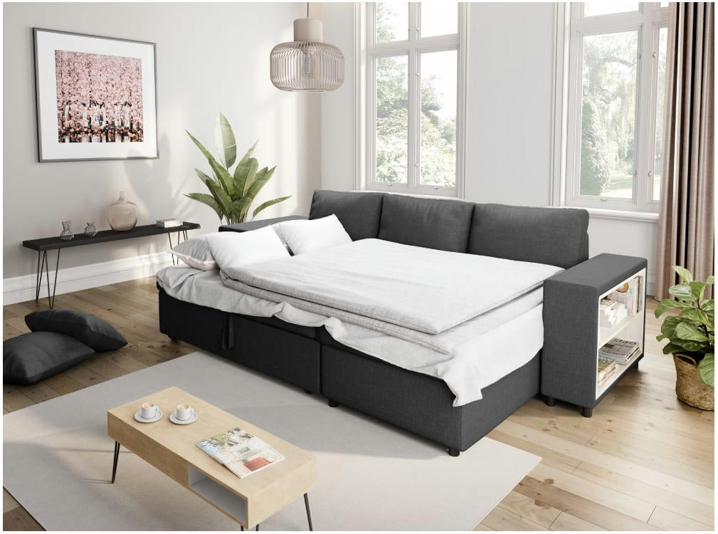 MADY - Canapé d'angle convertible gris foncé avec rangement poufs à gauche