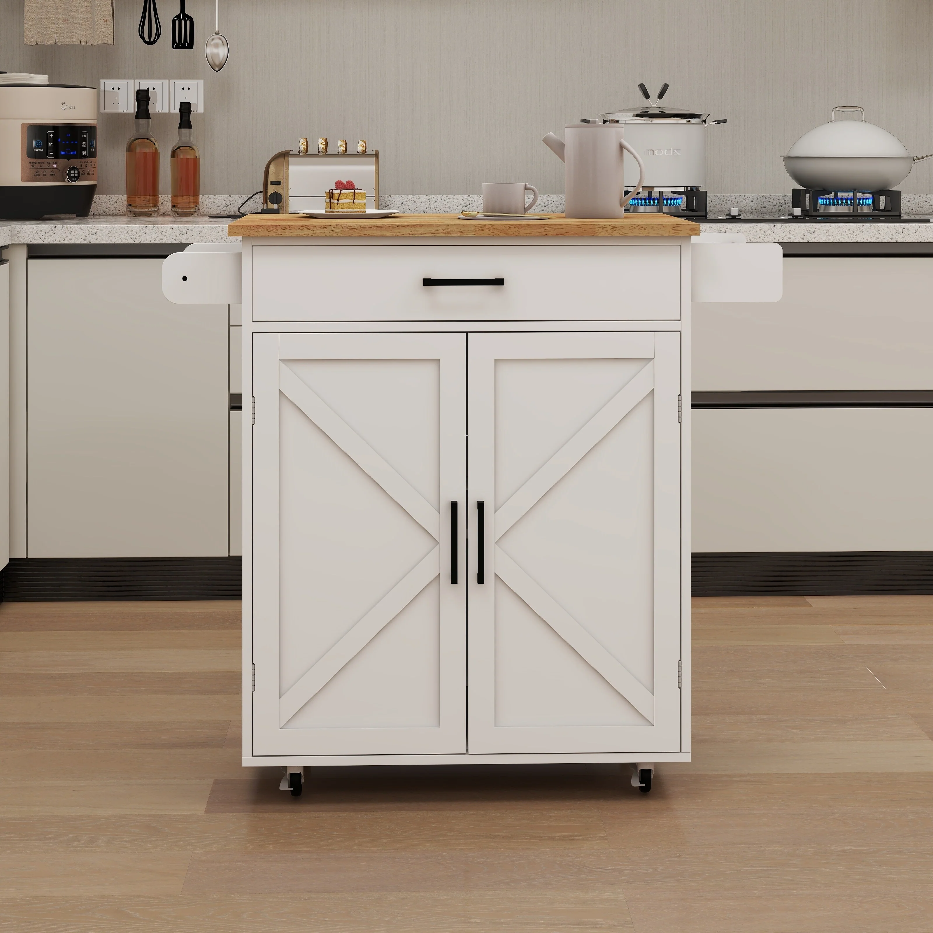 Kitchen Island Rolling Trolley Cart With Adjustable Shelves & Towel Rack (no include stool)