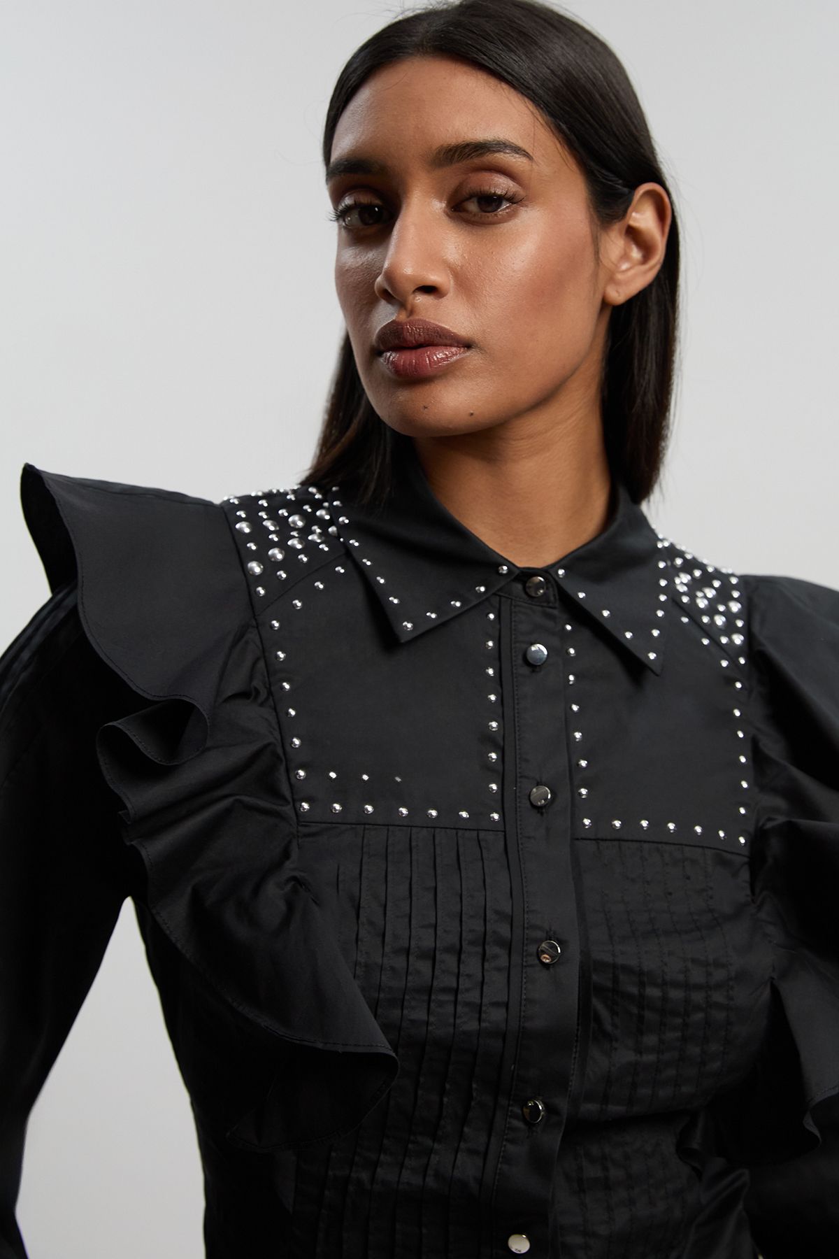 KarenMillen Cotton Sateen Drama Sleeve Studded Woven Maxi Shirt