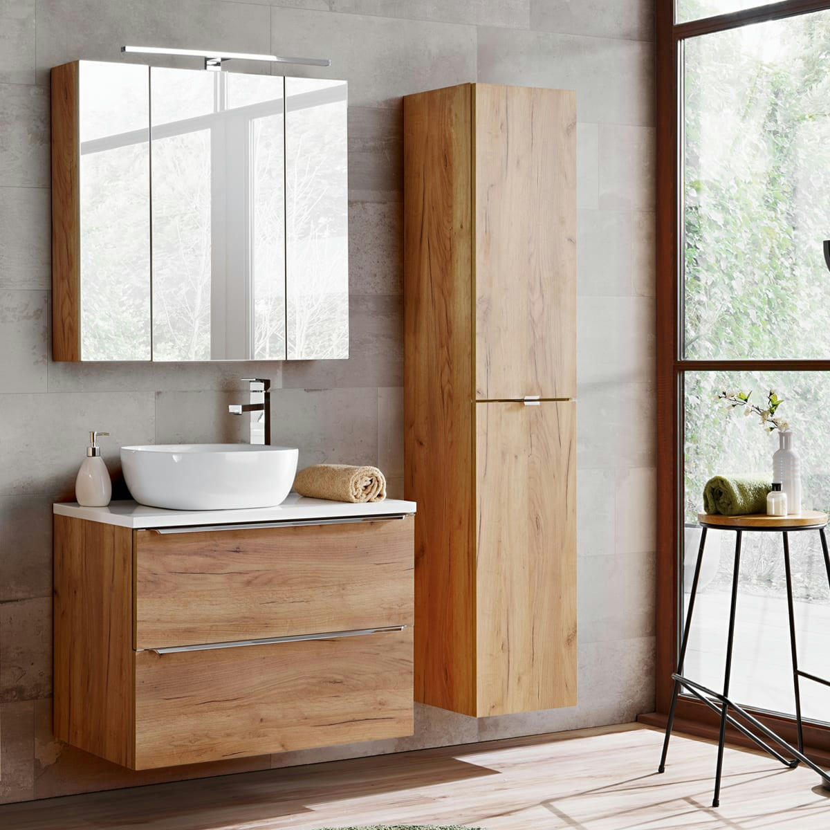 - Ensemble meuble simple vasque 80cm et colonne stratifiés naturel