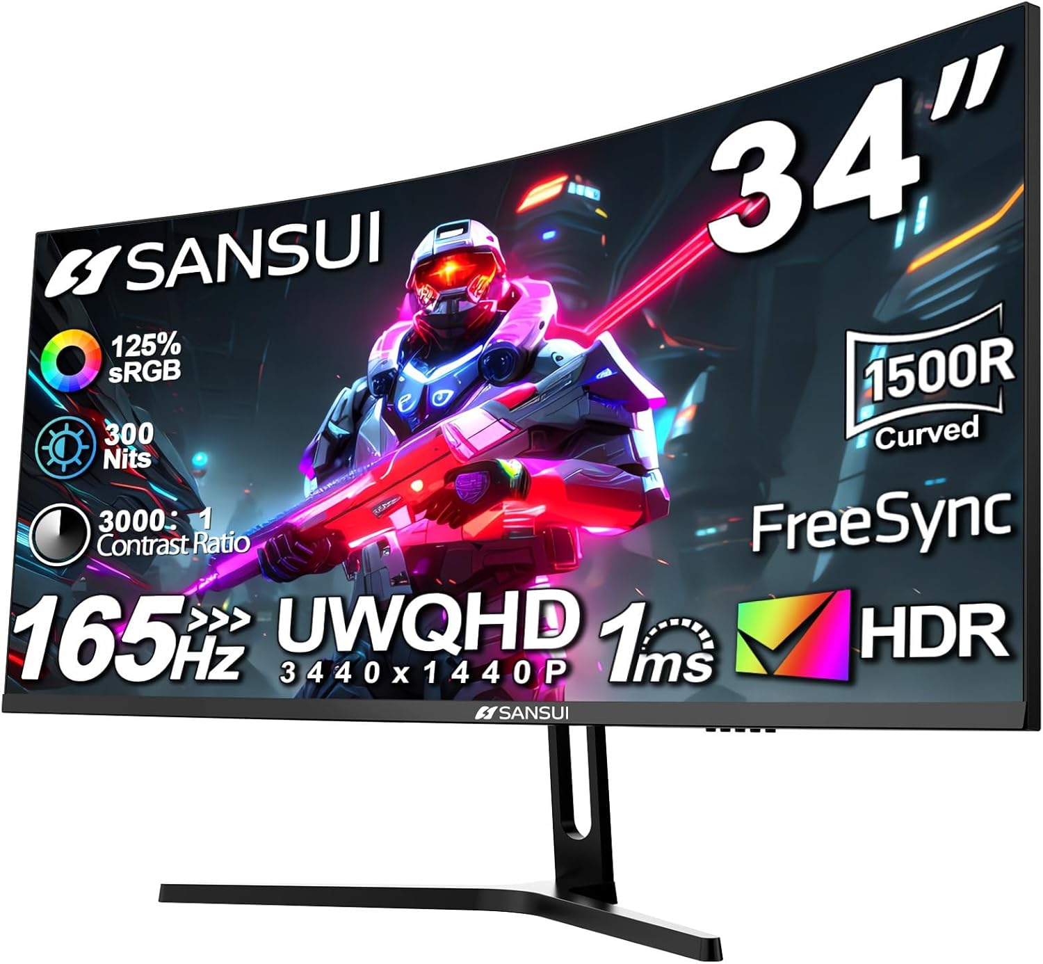 SANSUI 34-Inch Curved Gaming Monitor UWQHD 3440 x 1440 Up to 165Hz Curved 1500R - PIP/PBP  1ms(MPRT)  HDR  300nits  sRGB 125%  DCI-P3 95% FreeSync HDMIx2 DP1.4(Cable Included)