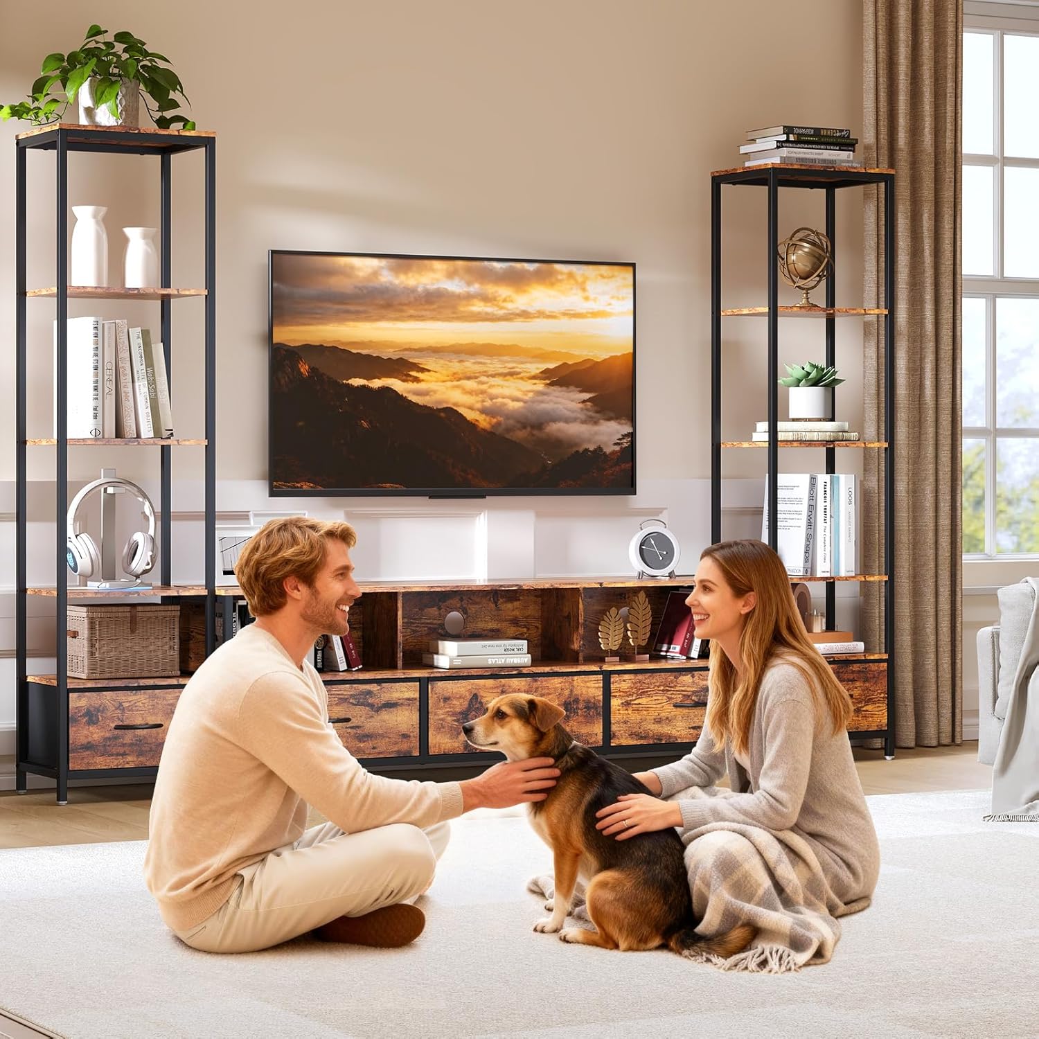 IDEALHOUSE TV Entertainment Center for Living Room, Large LED TV Stand with Storage, Modern Media Center for TVs Up to 70