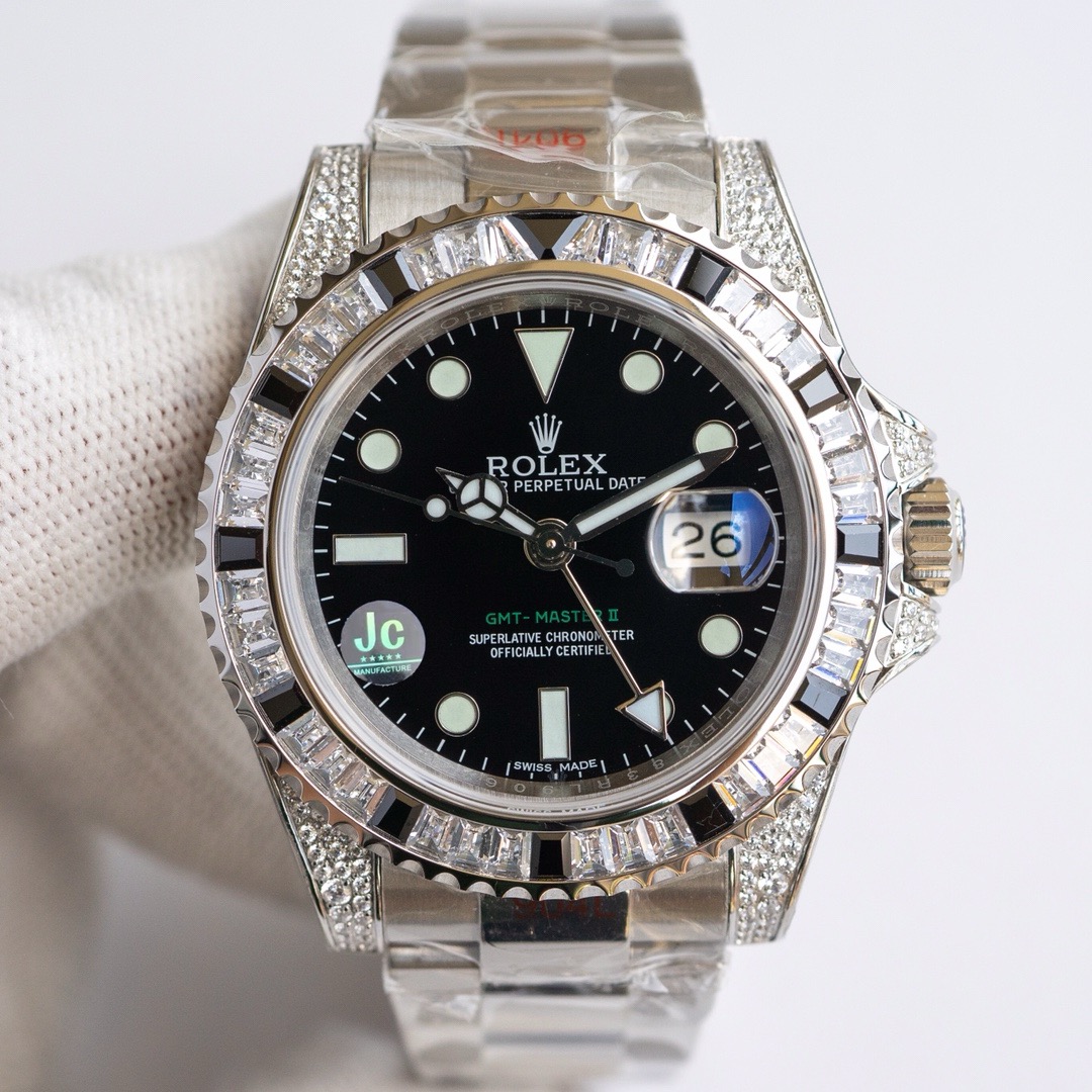 -Rolex GMT-Master II 18K White Gold Gem-Set Bezel and Case Watch -11
