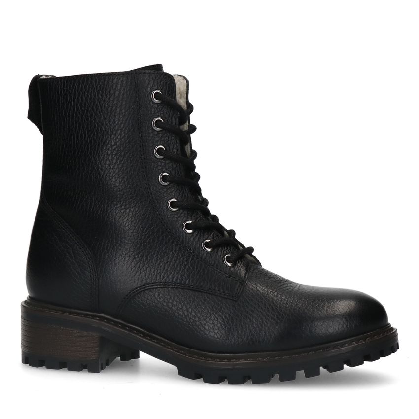 Manfield Zwarte leren veterlaarsjes