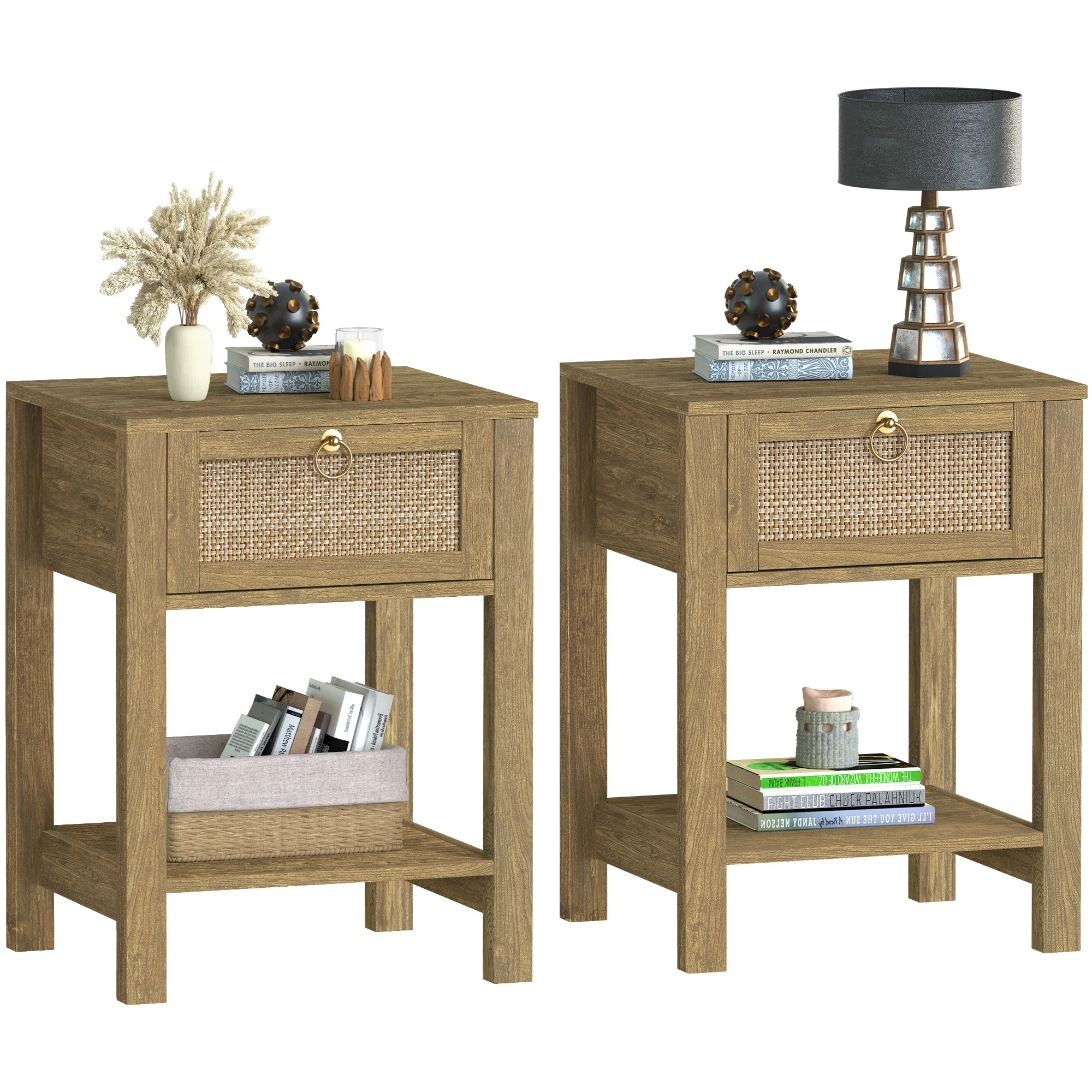 SICOTAS Farmhouse 1-Drawer Rattan Nightstand Set of 2