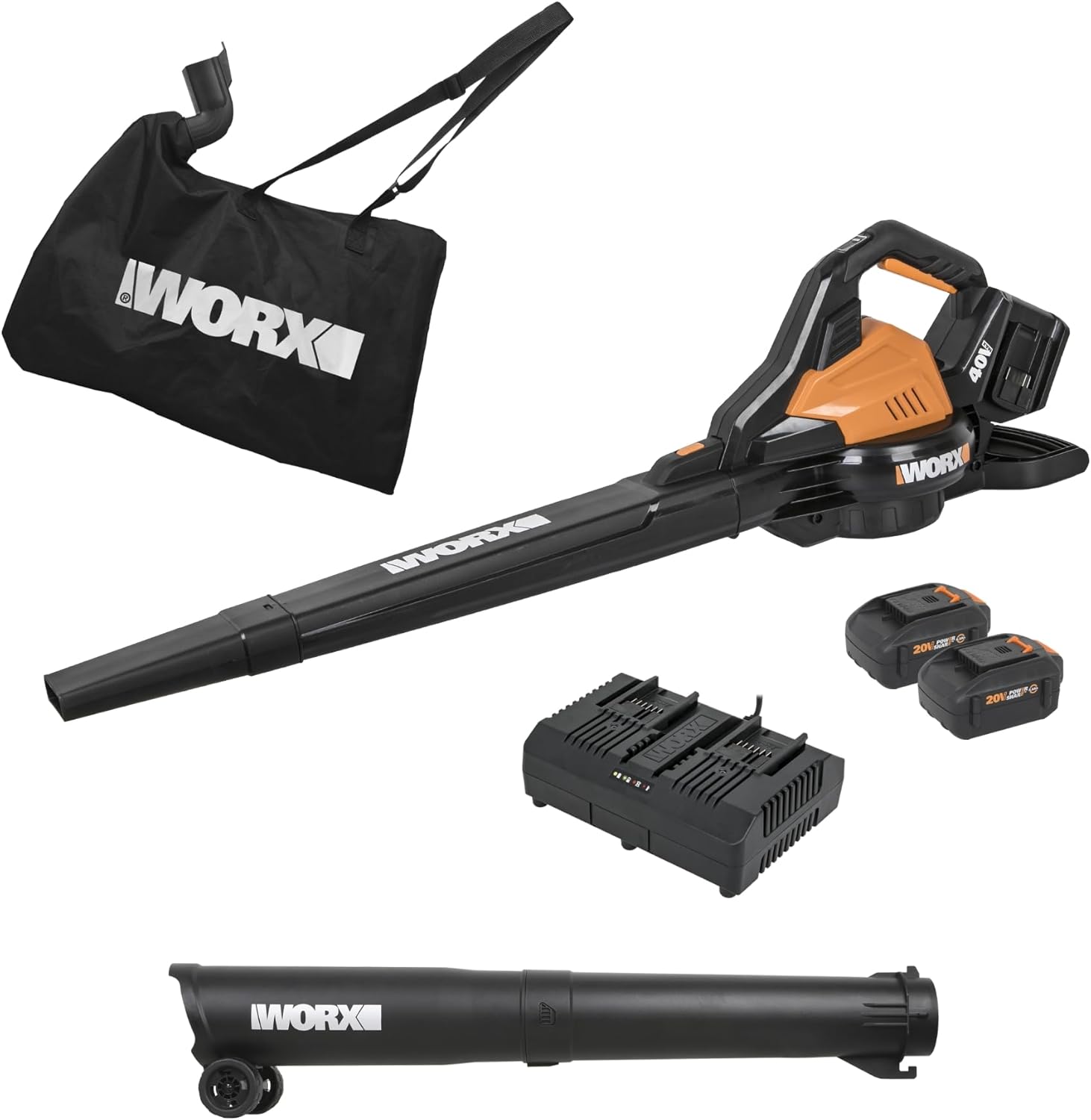 WORX Cordless Leaf Blower  3 in 1 Blowers for Lawn Care with Leaf Vacuum & Leaf Mulcher  Electric Blower with Brushless Motor & 2 Speed Control  2 × 4.0 Ah Batteries & Charger Included  WG583