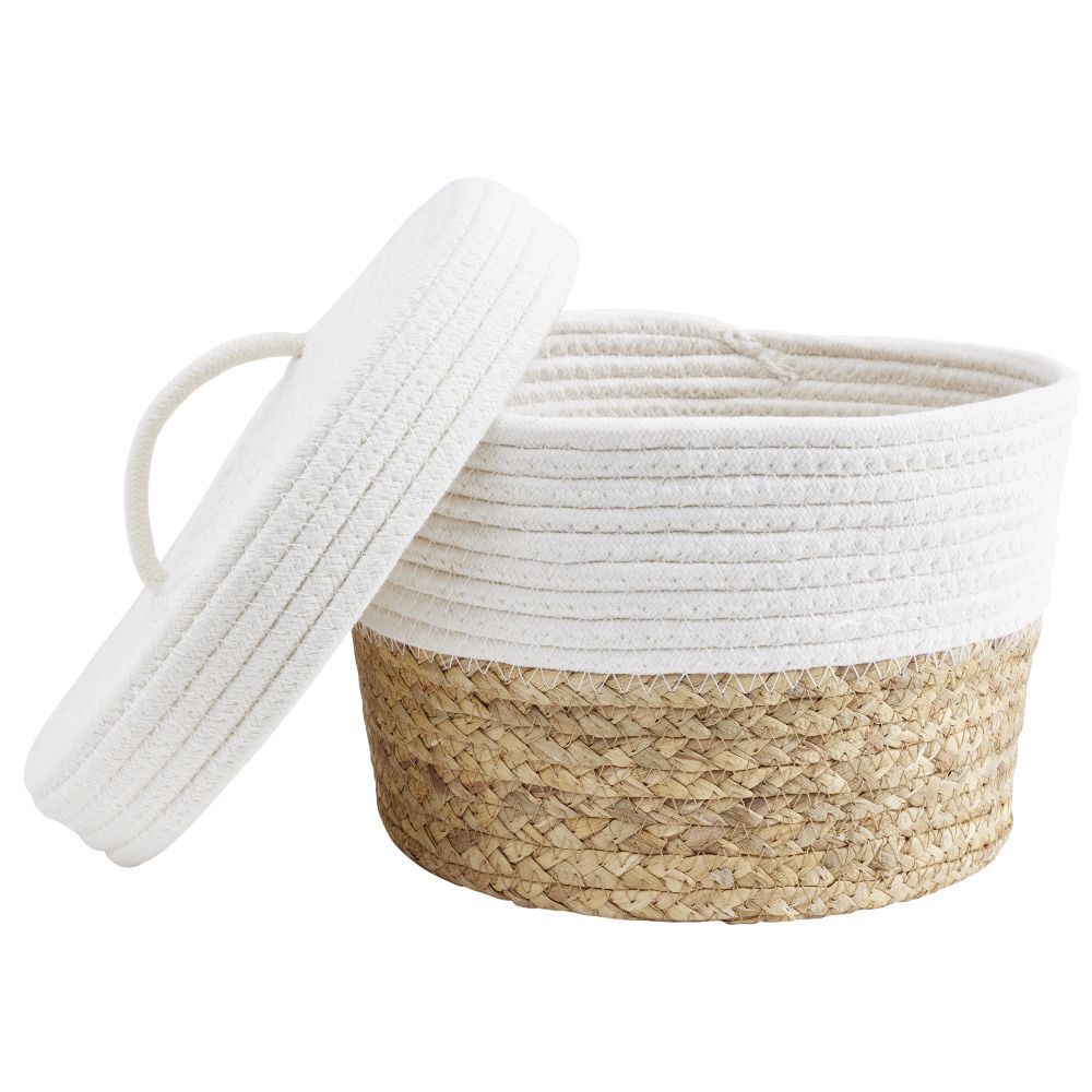 Panière avec couvercle coton jute blanc et naturel grand modèle Ø27xH18cm