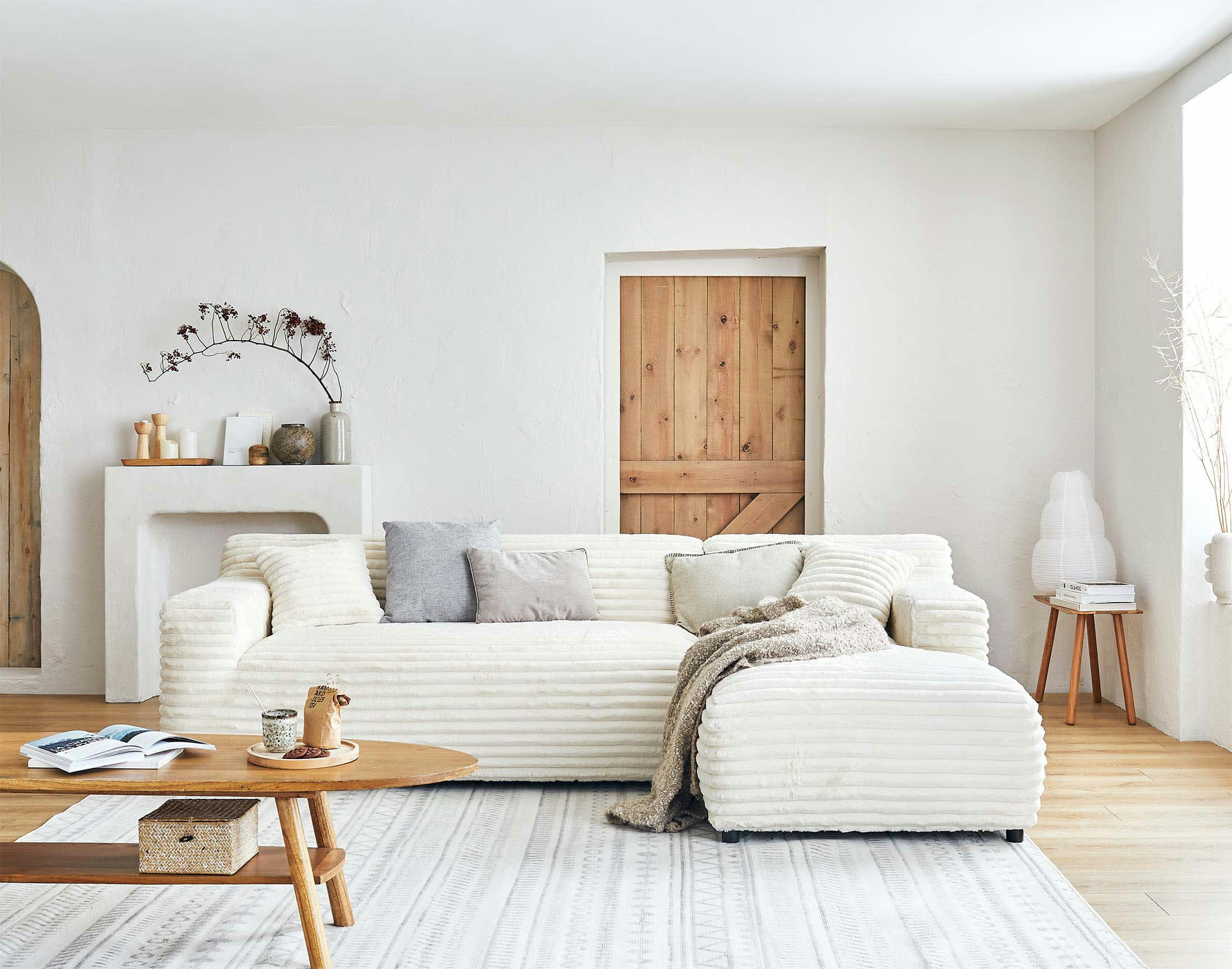 LAPONIE - Canapé d'angle droit 4 places en velours grosses côtes beige