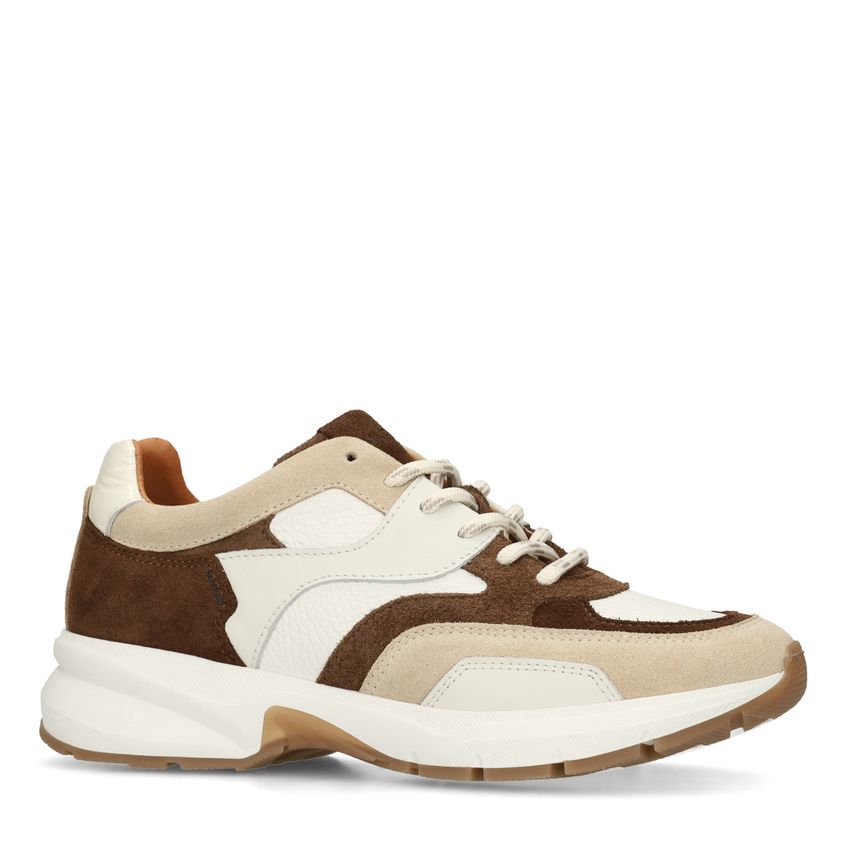 Manfield Beige leren sneakers met multicolor suède details