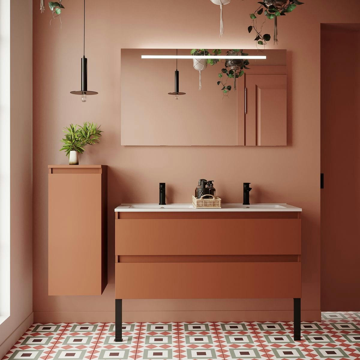 HUDSON - Meuble salle de bain double vasque 120cm 2 tiroirs Terracotta