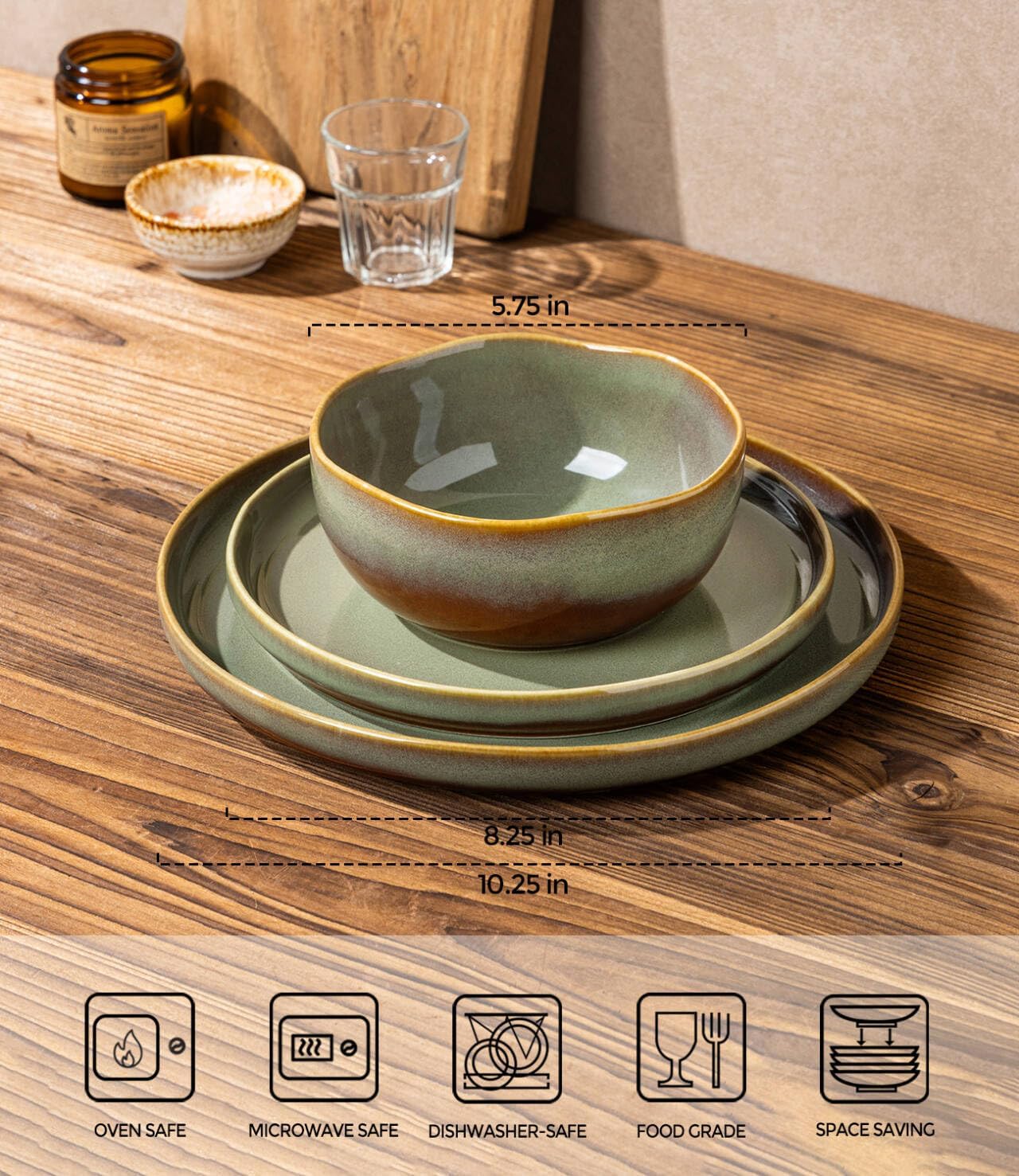 TheTerra Ceramic Dinnerware Sets for 6, 18 Pieces Handmade Reactive Glaze Plates and Bowls Sets, Scratch Resistant Dish Set, Oven & Microwave & Dishwasher Safe, Brown Green