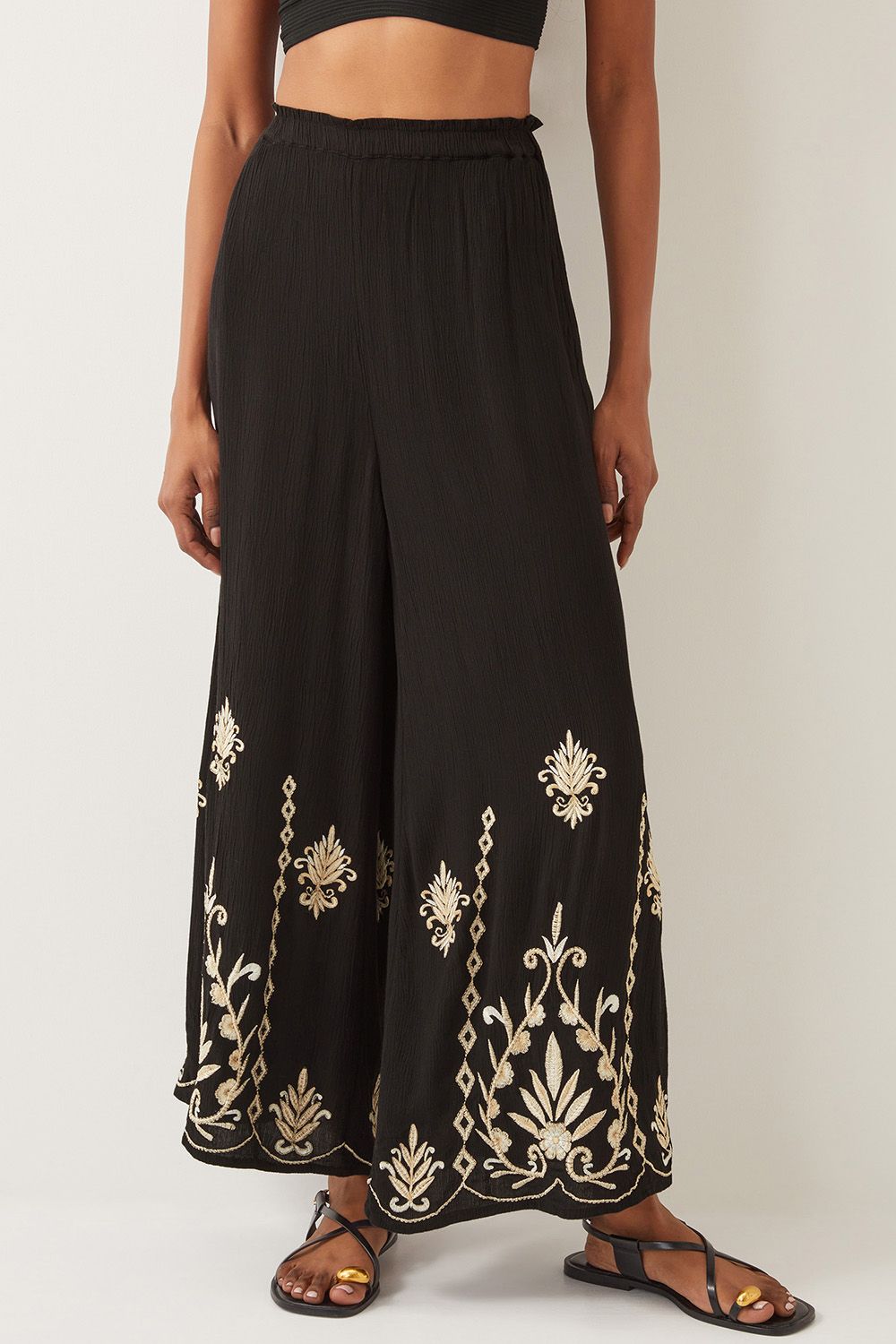 Monsoon Saffron Embroidered Wide Leg Trousers Black