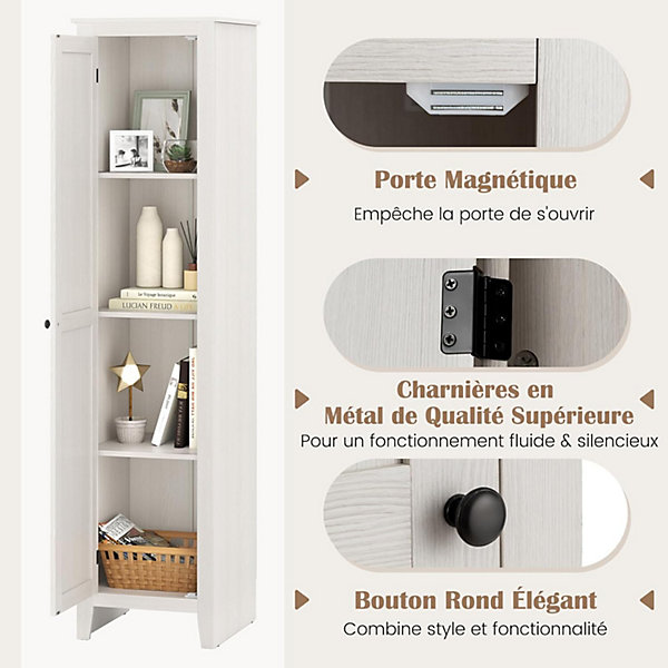 Armoire haute et étroite, étagère à 4 compartiments et porte, peu encombrante, grand espace de rangement, 43 x 19,5 x 183 cm.