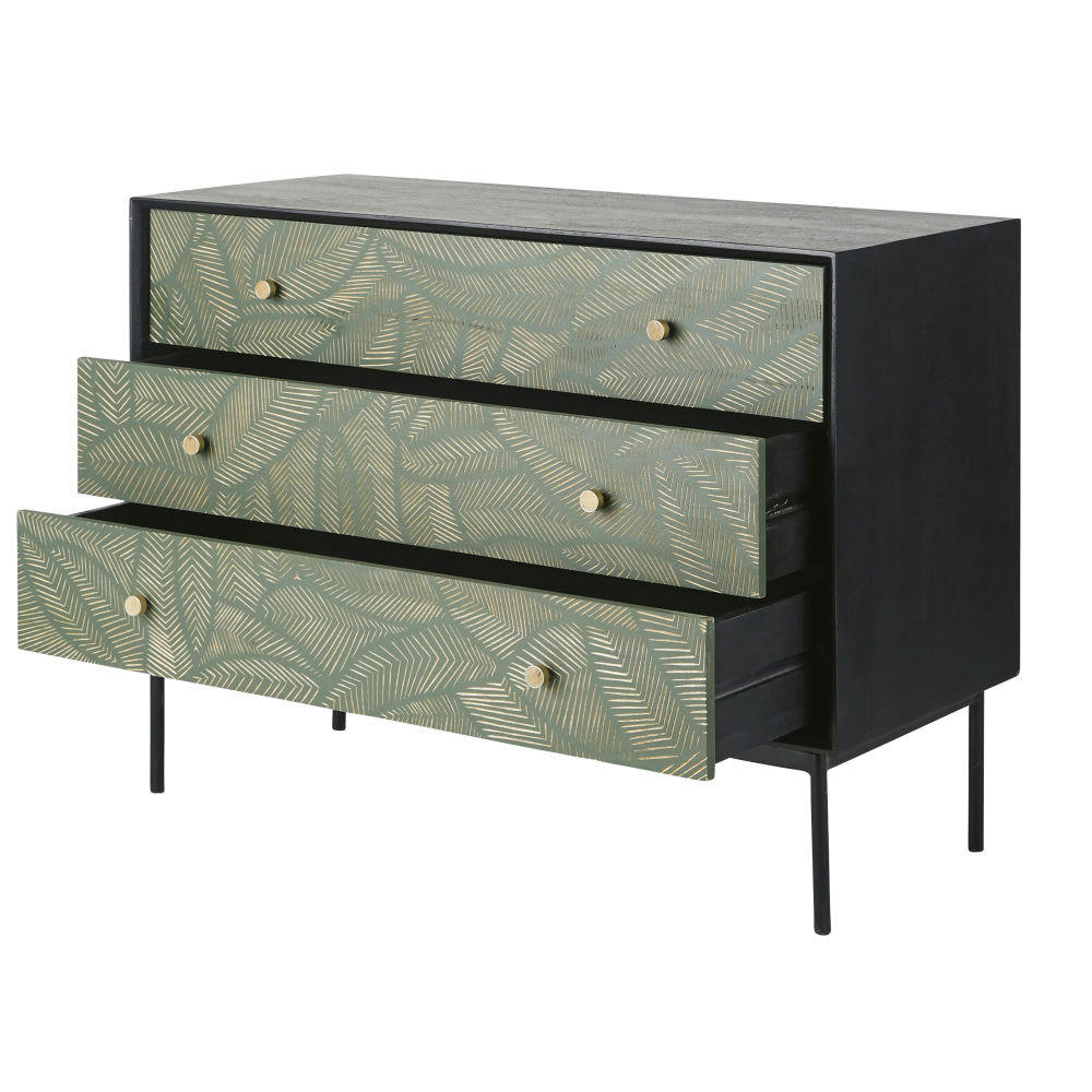 Manaos - Commode 3 tiroirs en manguier noir sculpté motifs feuilles