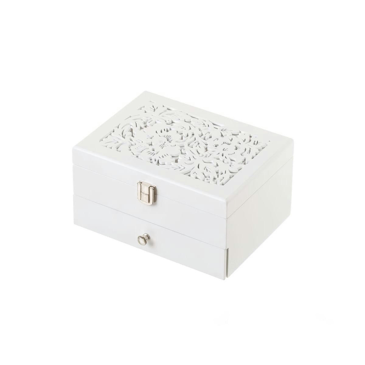 - Coffret à bijoux en bois blanc taillé et miroir 20x16x11cm