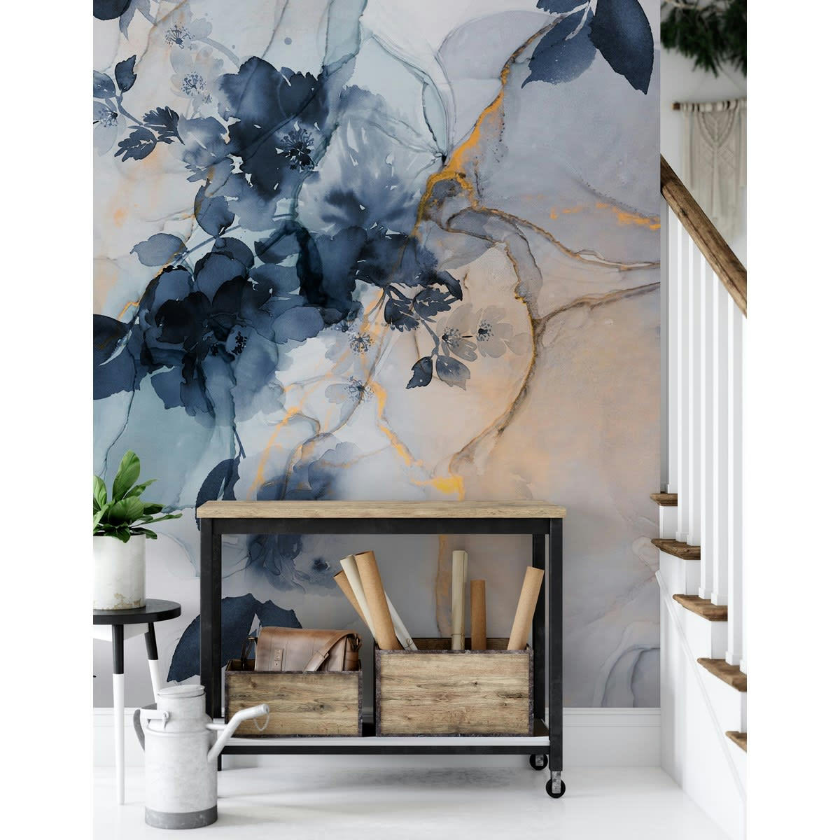 MARBLE & FLOWERS - Papier peint panoramique en papier bleu marine 192x270