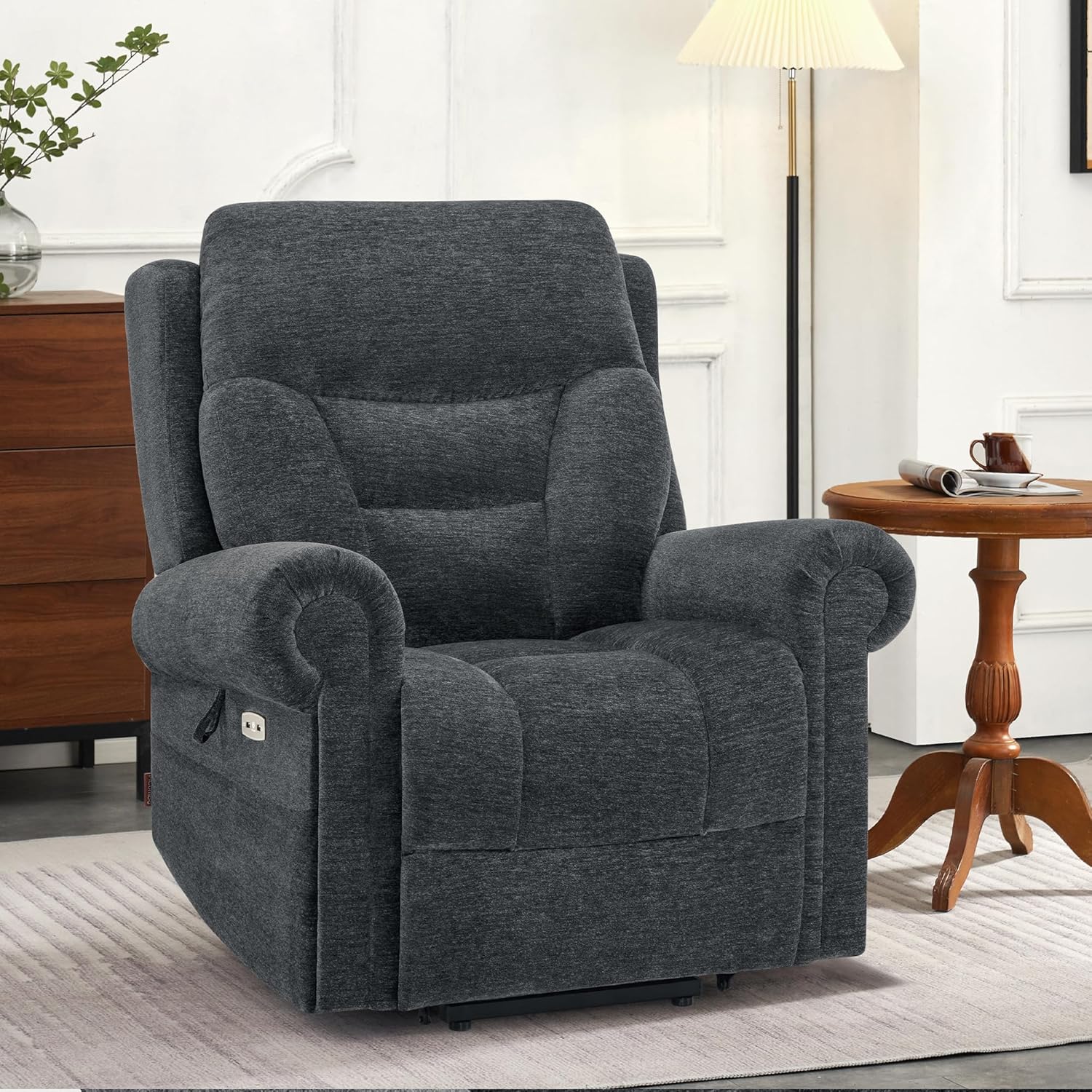 MCombo Triple Motor Power Lift Recliner Chair with Massage and Lumbar&seat Heating, Rolled Arms, Adjustable Headrest for Elderly People, Fabric 7888 (Dark Grey, Medium)