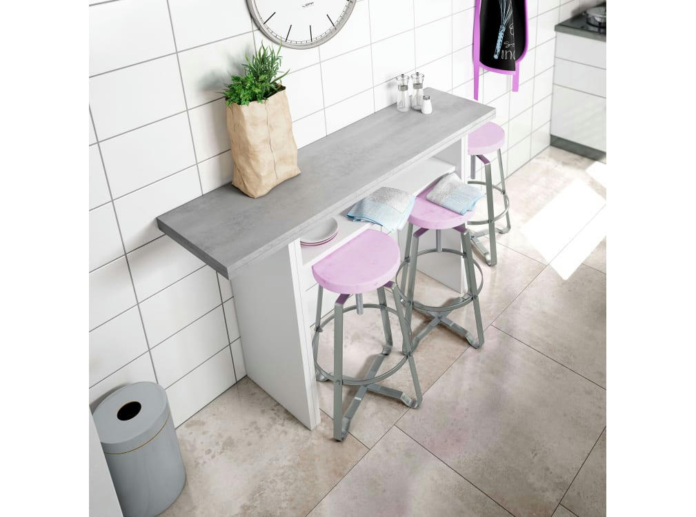 AARON - Table auxiliaire blanche/béton extensible L120 x P35/70cm