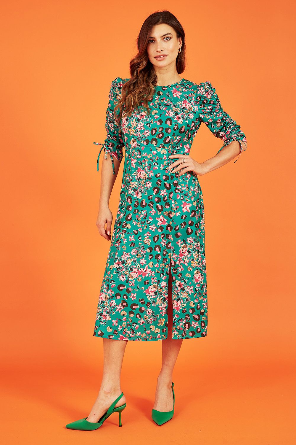 Yumi Green Animal Floral Print Ruched Sleeve Midi Dress