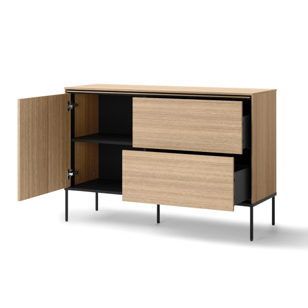 Komoda VISSO dąb linearny - 2 szuflady, drzwi z półką, klasyczny design