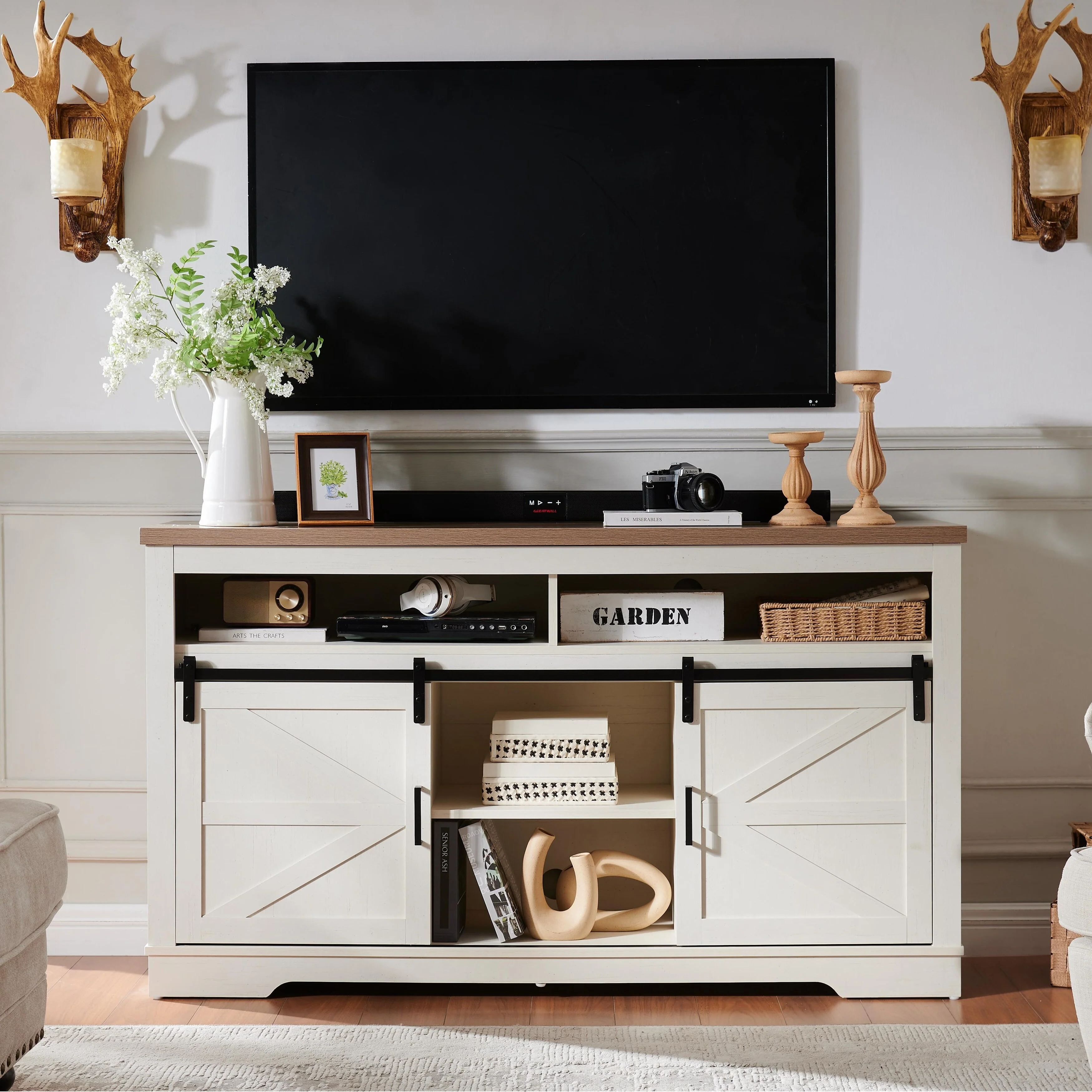Farmhouse TV Stand with Sliding Barn Door, Rustic Highboy Entertainment Center
