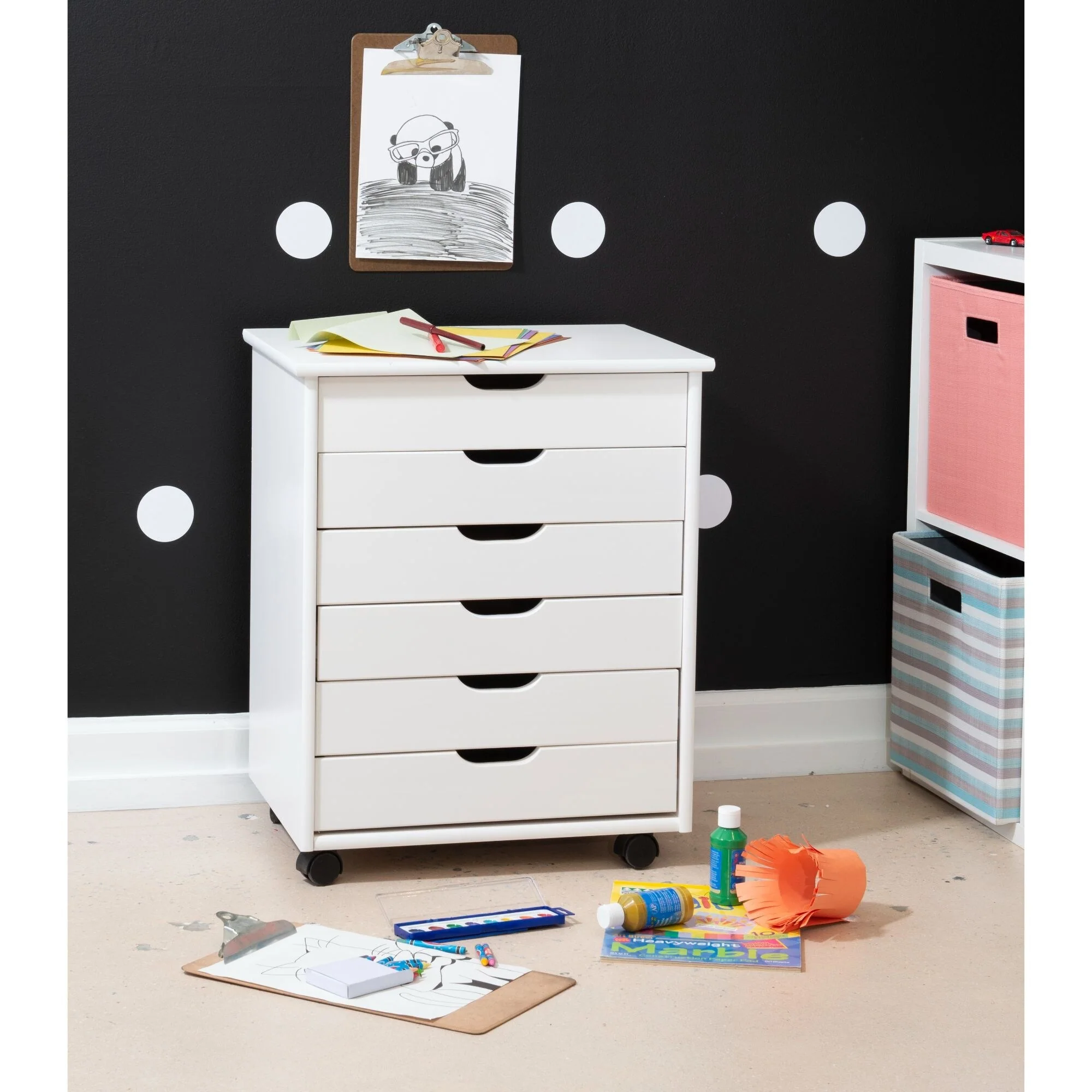 25.25” White Wide Rolling Storage Cabinet with 6 Drawer
