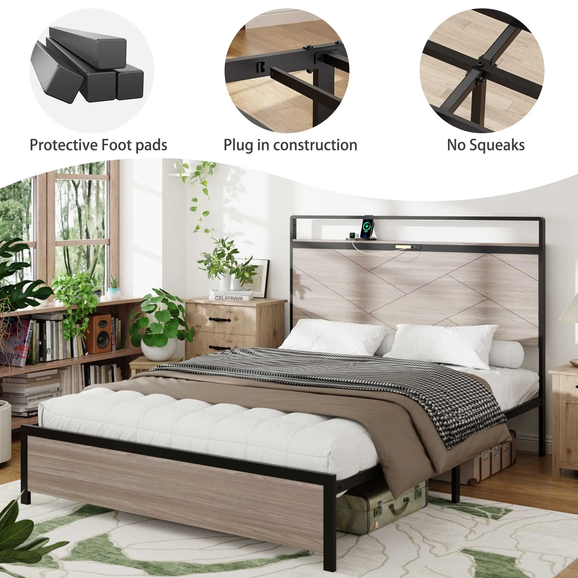 Bed Frame Queen Size, Wooden Platform Bed Frame With Storage Led Light Headboard And 2 USB, Large Underbed Storage