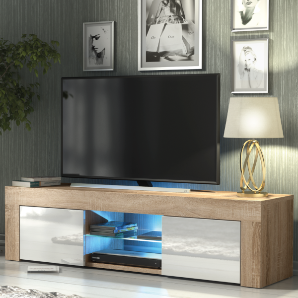 Szafka RTV 130cm ONE FURNITURE - Dębow Laminat & Białe Drzwi