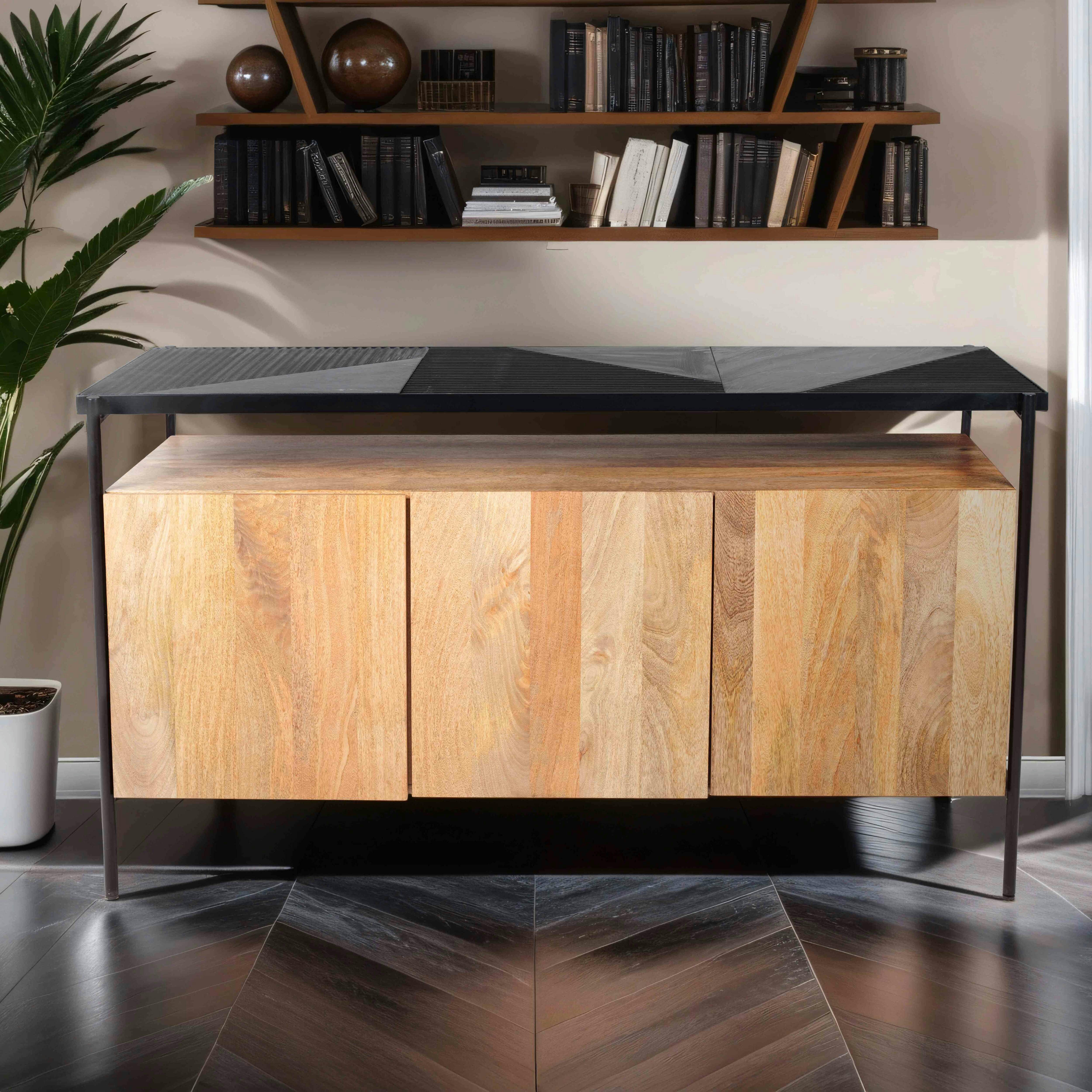 PAHELI - Buffet 3 portes en marbre et manguier 138 cm noir