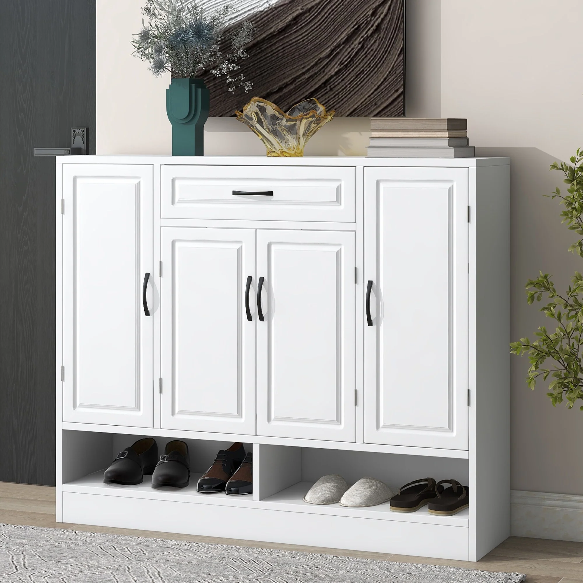 Shoe Cabinet with Doors, Modern Shoe Storage Cabinet with Adjustable Shelves, Wood Free Standing Shoe Storage for Entryway