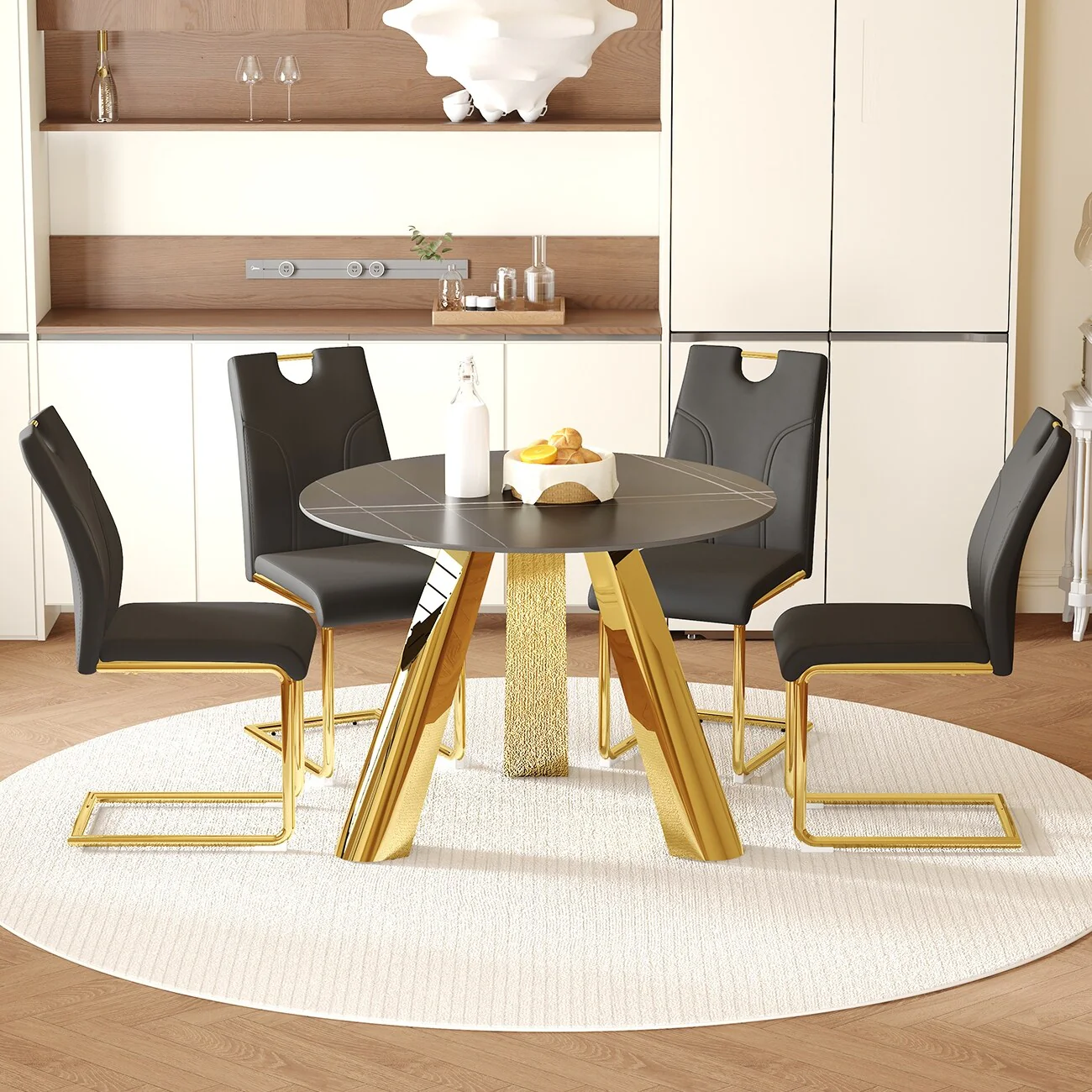 5-Piece Round Dining Table Set with Stain-Resistant Surface, PU Leather Chairs with C-shaped Bases, Scratch-resistant