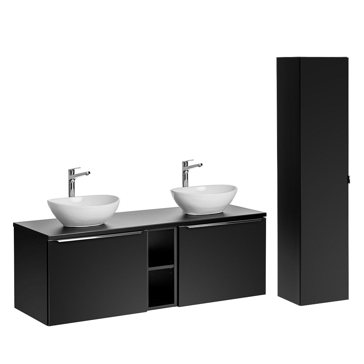 - Ensemble meuble double vasque 140cm et colonne stratifiés et mdf noir