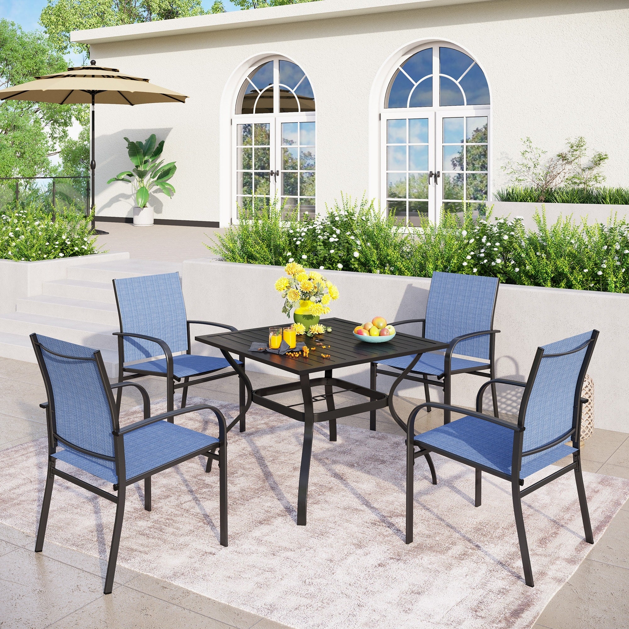 MAISON ARTS 5-Piece Patio Dining Set, 37 Inch Square Metal Table and 4 Textilene Dining Chairs