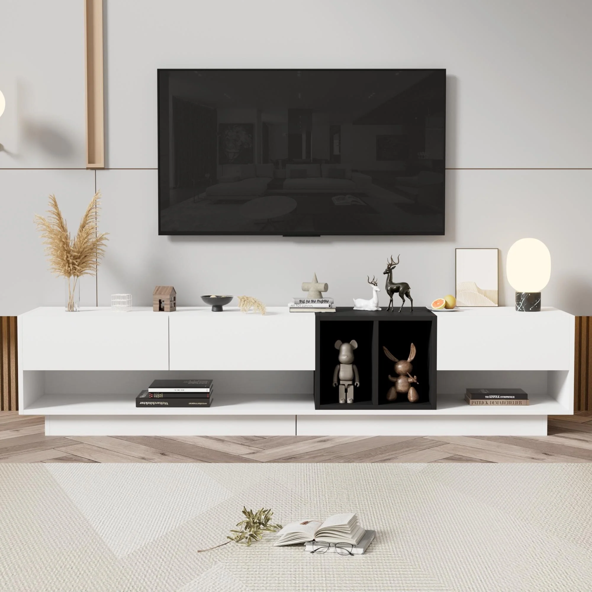 Two-Tone TV Stand with Open Storage, Wood Media Console for TVs Up to 80, Wide Top Media Console Table for Living Room